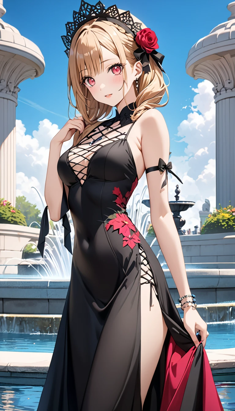 Sole female, Realistic, genshin impact, Lynette,wearing long  dress, revealing, (( waist split)), blonde, red dress, gentle smile, night, mansion, ((off shoulder)), cleavage,  cat ears, standing, necklace 