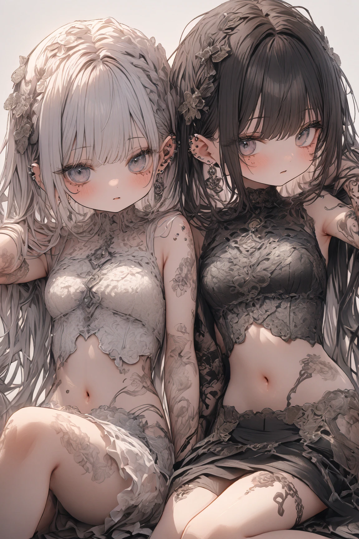 hellish nightmare, monsters, demons everywhere, young female exposed, exposed breast, exposed navel, (),nsfw:1,1, fire, nude, beads belt, rope belt, necklace, ornaments, tattoo, legs apart, lingerie, chain bra, underboob