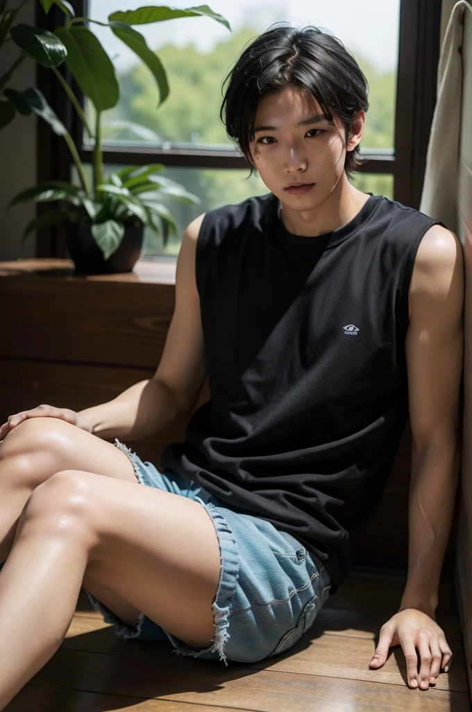 A 20-year-old handsome Korean man with a slim-fit body, black undercut hair, sitting shirtless in a rustic-style living room.