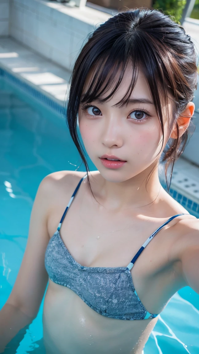 ((スポーツSwimwear:1.3)), Swimwear, Skin color, big , smile, (8K, RAW Photos, Highest quality, masterpiece:1.2), masterpiece, super detailed, super high quality, (Realistic and photorealistic photography:1. 37), High-resolution RAW color photos, Very delicate and beautiful, highly detailed, 8K壁紙, wonderful, detailed, Very eye, very detailed, very detailed skin, very thin fingers, very detailed nose, very detailed mouth, Perfect Anatomy, Upper Body, swimming, Transparency, tiny Swimwear, Nogizaka idol, Korean Idol, idol carving'Temporarily stop, 18-year-old, cheap, Cafe, restaurant, Italy, deer, Australia, break ((Upward glance)), ((angle From above: 1. 3)), From above, Looking into the camera,long hair