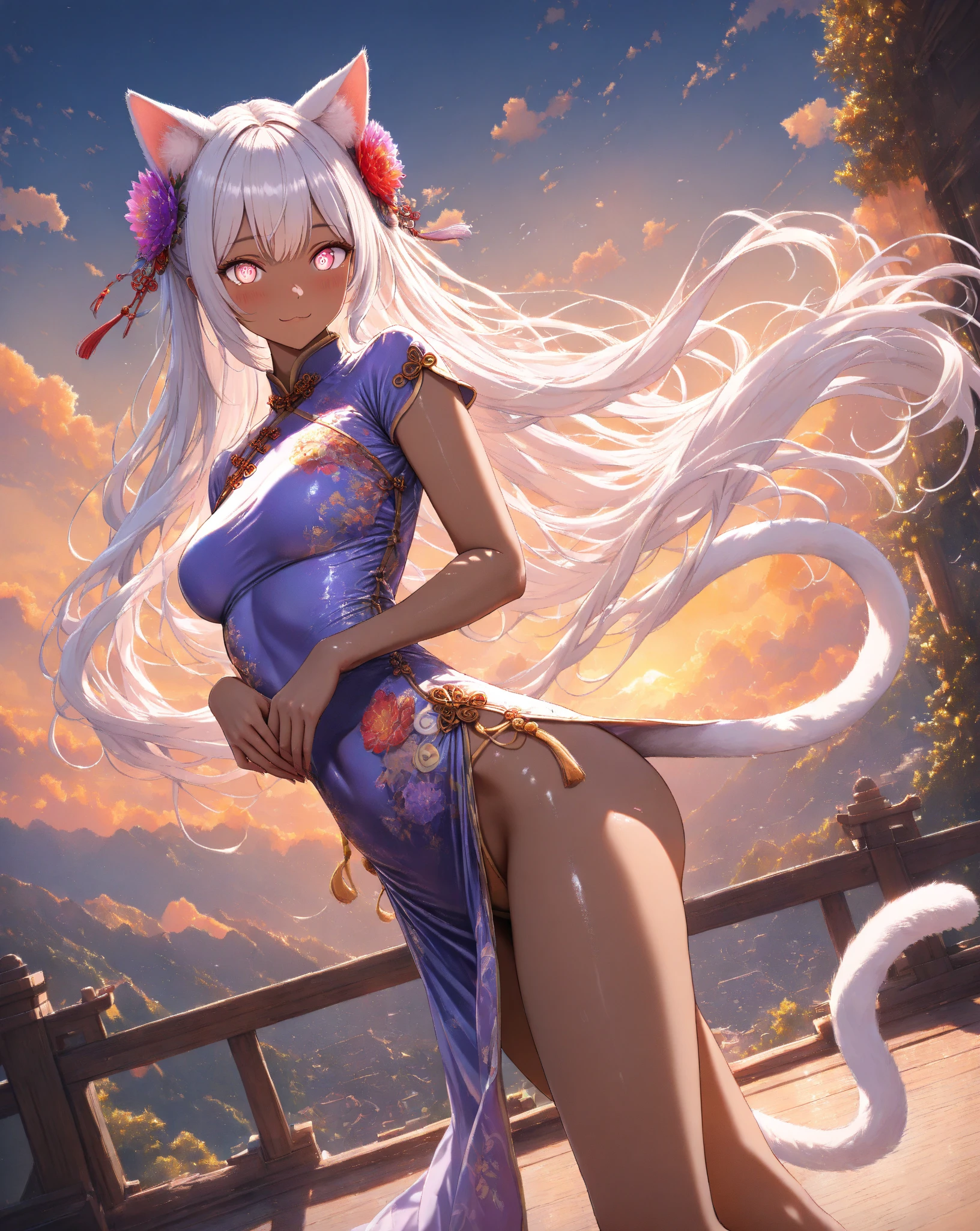 SFW)Nesta arte CG ultra-detalhada,The adorable nine-tailed fox is surrounded by ethereal flowers,Best quality at best,middlebreasts,usando quimono sensual e bonito,A high resolution,Detalhes complicados,genial,Animal bonito