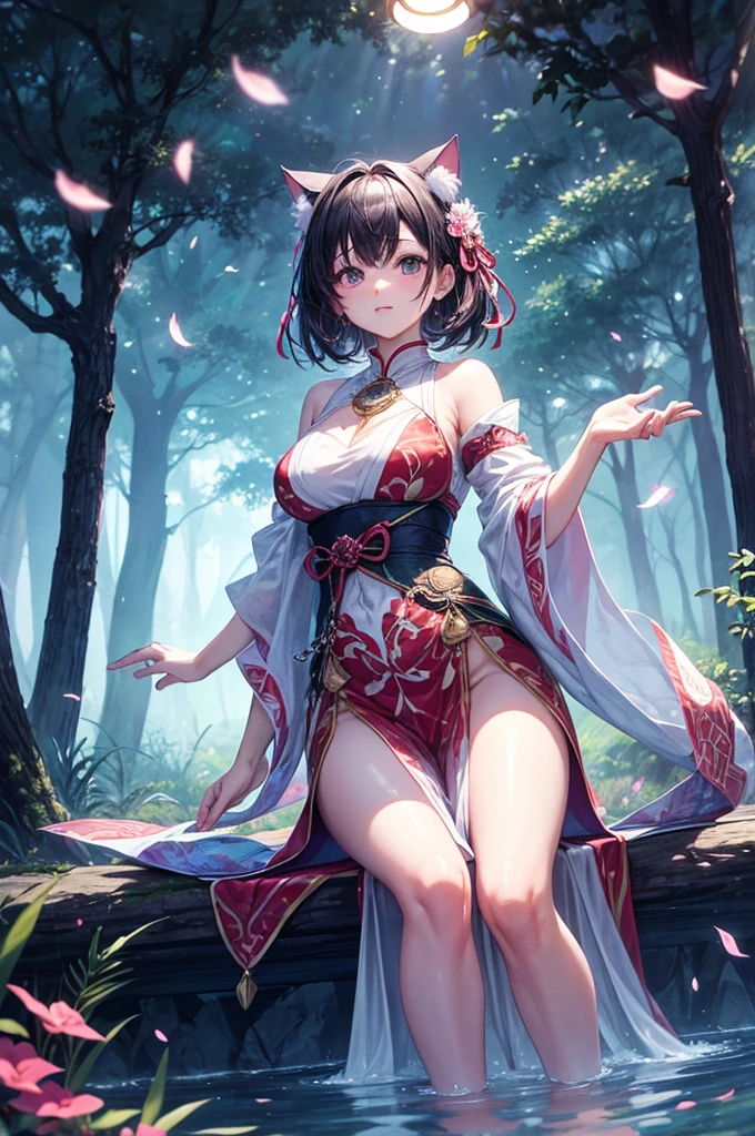 (masterpiece, best quality, high resolution), OfficialOutfit, Kunoichi Clothing, 1girl, big breasts, standing in fancy flowers, flower forest, foggy, sex, 1boy, girl on top, cowgirl position, cum, penis, blush, tear, (NSFW 1.1)