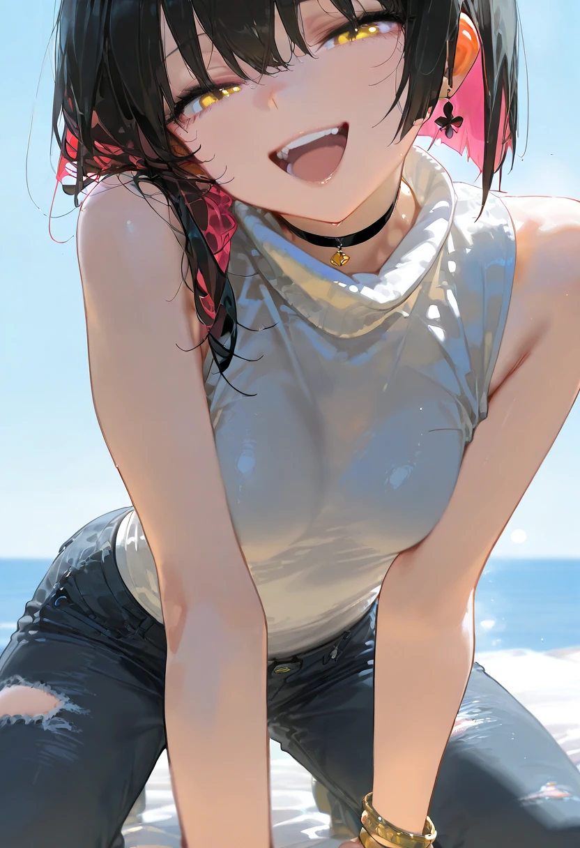 Masterpiece, beautiful slender girl, beach, unzipped shorts, pussy peek, pussy, no panties, sweat, sweatdrop, wet clothes, t-shirt, midriff, pussy juice, happy, blushing, bare legs, slim, full body, barefoot, embarrassed, thigh strap, standing, small breasts, erect nipples, peeing, pee, pee puddle