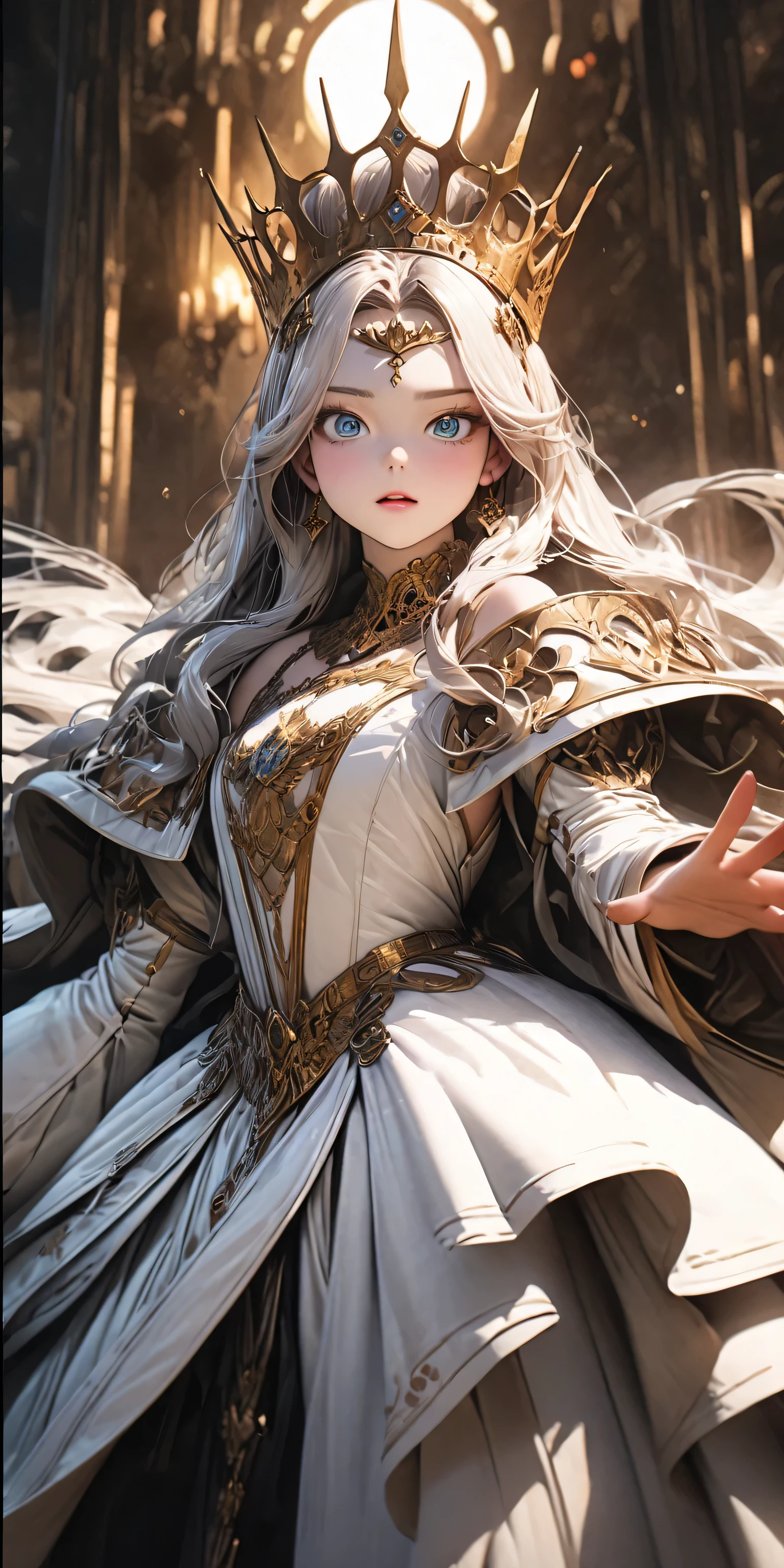 ((a rare natural korean beautiful young queen,1:3)), high detailed face, large expressive eyes, elegant textured makeup, long flowing glowing white hair, 24k iced crystal jade crown on her head, hand holding a high detailed sun and moon crystall Queen's Scepter emitting fire and ice light. High detail ornate royal dress and robe, regal pose, dramatic lighting, cinematic, fantasy, intricate details, highly detailed, 8k, photorealistic, oil painting 8k