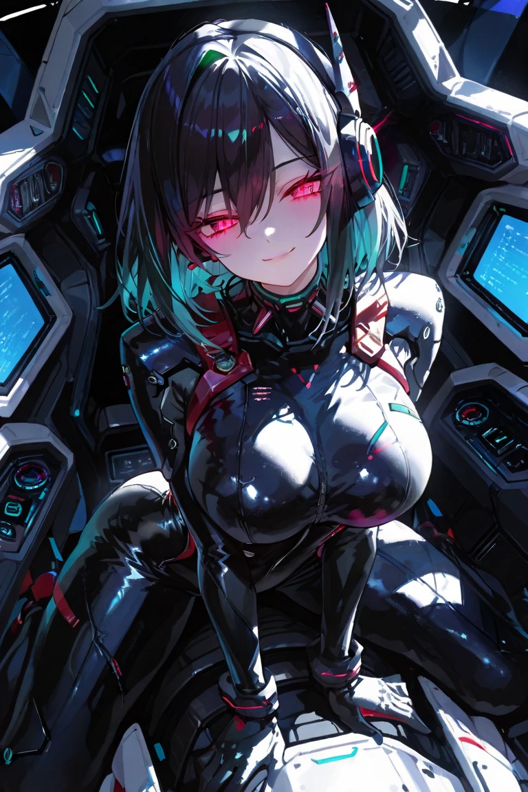 Masterpiece, best quality, 1girl, bunny girl, black latex spacesuit, black hair, busty, small waist, in a spaceship, panorama window, bunny ears