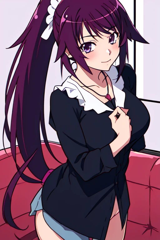 create a black girl falling into white space, feline yellow eyes, She has very thick wavy hair, purple hair pulled into blue, tied in a ponytail in a red bow, wearing a moss green shirt, an aviator jacket with fur on the hood, black cargo pants and combat boots, she is very surprised, , JJK manga style
