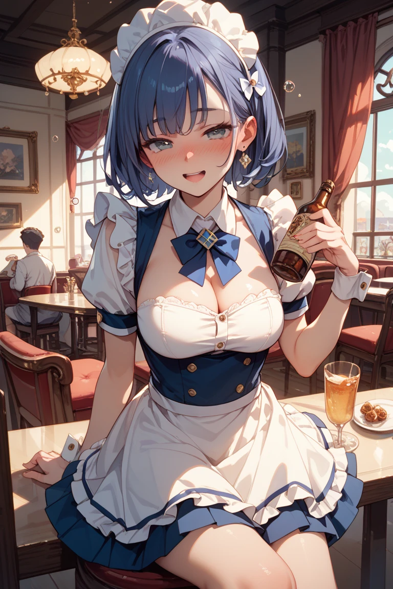 Re:Zero's Rem、light blue hair、short hair、table top、High resolution、many girls multiple girls、large crowd、lots of cute girls、big and full breasts、naughty body、See-through、throw、、whole body、Are standing、Look up at me、confused face、blush、embarrassing、Excited、white breath、A fleeting look、black pantyhose、female shape'Private parts are clearly visible、I can see your nipples、white shirt、navy check skirt、micro mini skirt、very short skirt、restaurant、shop、Many people々々々々、in the crowd、bare chest、show your chest、while holding the tray、Place the chest on the tray、Upper grade、A lot of milk comes out from the nipples、Breast milk gushes from the nipple、cat ears maid clothes、blue gingham maid outfit、Bangs that cover one eye、pink hairpin、kneel down、heavy breathing、white breath、1 customer、Serve customers、breast enhancement、focus on chest