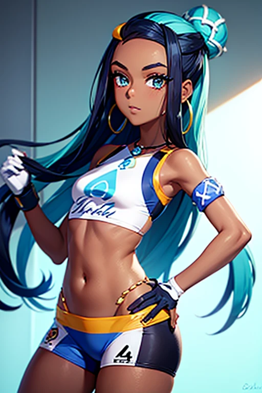 masterpiece,best quality,1girl,mature female,large breasts,wide hips,thick thighs,abs,fit,nessadef,(dark skin,tan),makeup,single hair bun,crop top,single glove,spandex shorts,hoop earrings,belly chain,armlet,wristband,expressionless,looking at viewer,(crossed arms),stadium,light rays,cowboy shot,dutch angle,<lora:Concept-control tool-add_detail-CyberAIchemist:0.8>,<lora:pokemon_nessa_v2:0.9>,