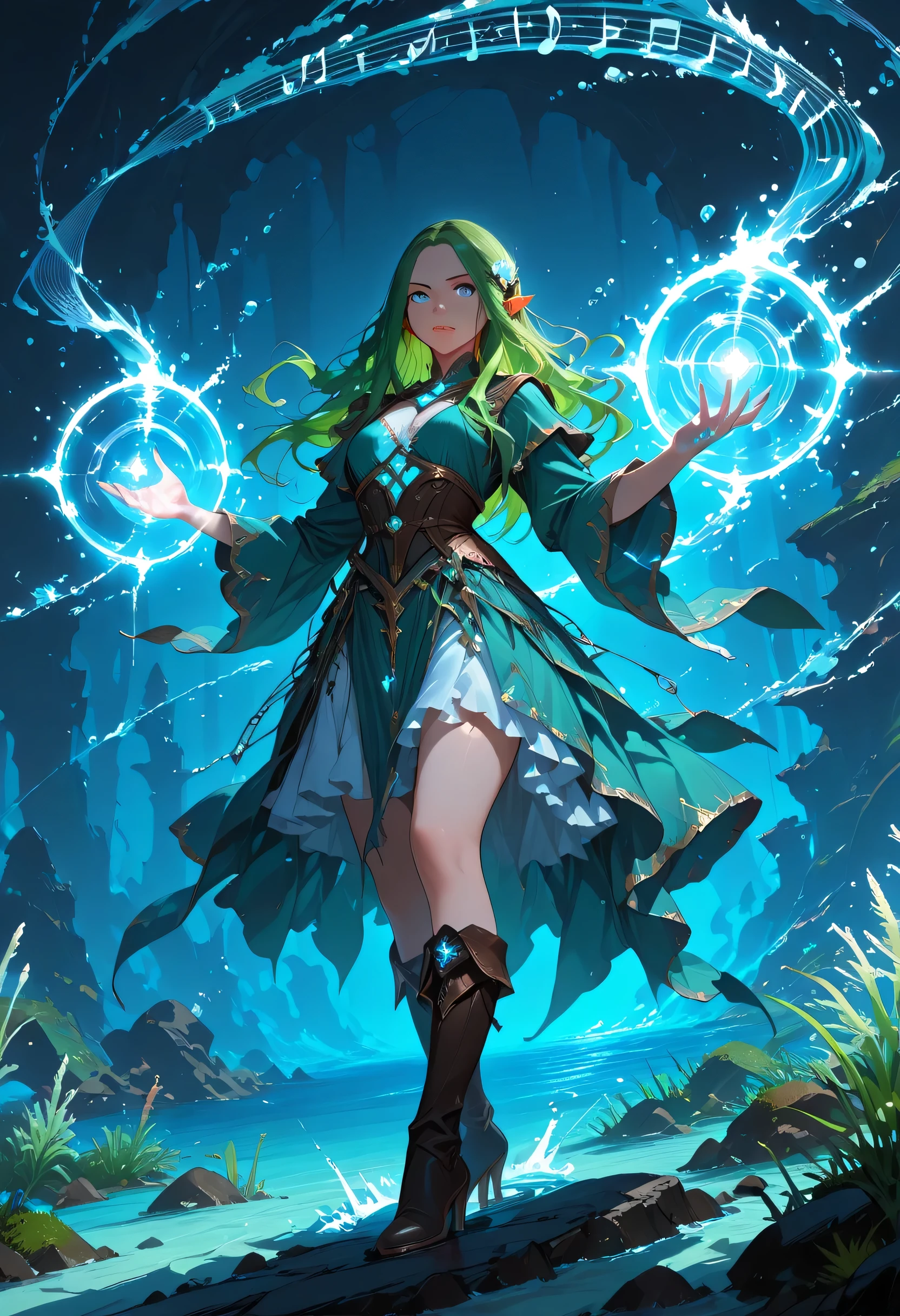 picture of a sea elf (intricate details, Masterpiece, best quality) water mage casting ((water control spell)), music wizard ((music magic, intense magic details)), ((controlling a swirling mass of magic music notes)), magical symbols, female sea elf, full body, busty, blue skin, green hair, long hair, swirling hair, intense eyes, small pointed ears, ((blue eyes)), ((glowing eyes)), armed with magical wand, wearing sea shell clothing, wearing high heeled boots, beautiful elf, underwater background, rich underwater life, ((magical atmosphere)), fish and sea weeds, high details, best quality, 16k, [ultra detailed], masterpiece, best quality, (extremely detailed), dynamic angle, ultra wide shot, RAW, photorealistic, fantasy art, dnd art, rpg art, realistic art, an ultra wide high details, best quality, highres, fantasy, , glowing,ember