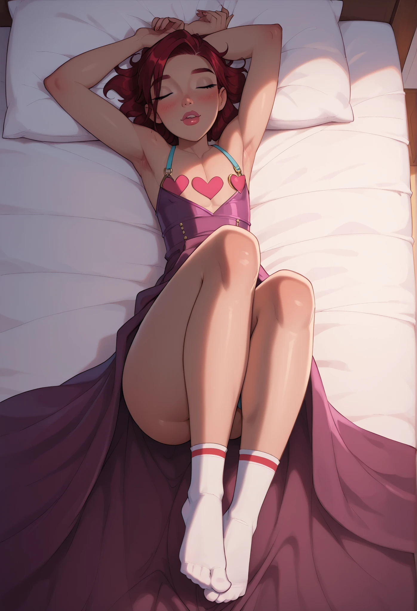 score_8, score_9, femboy, a young, delicate boy, femboy, erotic clothes, is undressing, heart, he is on the bed, sleep, sugar sleep, I masturbate to him, white socks, perfect foot, feet, fingers feet, view of feet, focus on your feet, top view, he lying, foot up