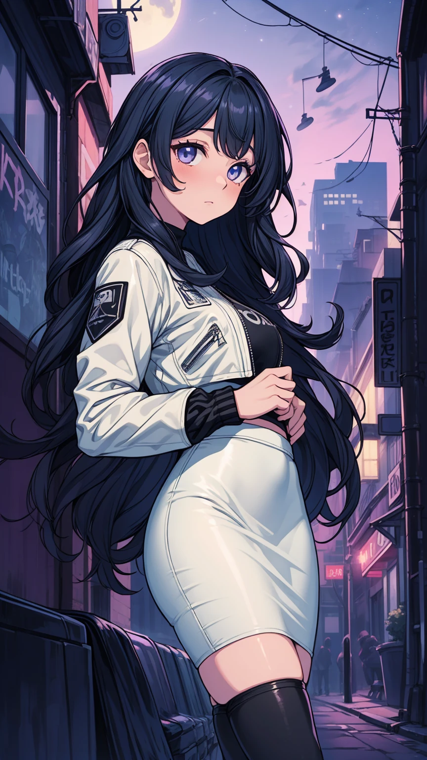 masterpiece, best quality, masterpiece, godlike quality, godlike art, highly detailed face, full body, highly realistic, cute, young girl, big eyes, long eyelashes, multicolored hair, multicolored eyes, shiny skin, full lips, big lips, shiny skin, blushing, magnificent view, in space, starry background, stars, shining light, multicolored light, maid costume masterpiece, ultra quality, Beautiful detailed, extremely detailed,16K, exquisite, highres, Beautiful background, Beautiful eye, Beautiful skin, anime style, Kaori seducing viewers in a sexy way in the downtown area at night, (She is wearing a white denim jacket over a pink shirt., blue jeans trousers), (face focus, Close-up), 1 girl, alone, 27 years old, (cheeky pose), woman's whole body, complete diagram, anger, blush, ecstatic expression, erotic, charm的な, charm, (Muscular female slender body, clavicle, beautiful big breasts, Beautifully chiseled abs, beautiful long legs), cleavage, perfect anatomy, sweaty, It's hard to breathe, vapor, looking at the viewer, perfect quality, good quality, masterpiece, HDR, UHD,