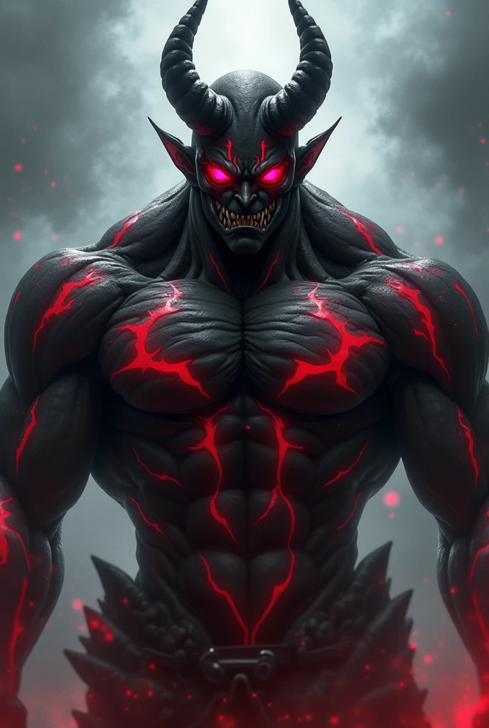 My demon form is tall and imposing, standing at over 6 feet in height, with a muscular build similar to that of a body builder. My skin is ash gray, while my eyes are blood-red and glowing brightly. I have two curved horns protruding from the top of my head, and two smaller horns protruding from the side of each cheek next to my eyes. My sharp teeth are clearly visible when I smile, which is often. I also have a curved tail that is roughly the length of my entire body.