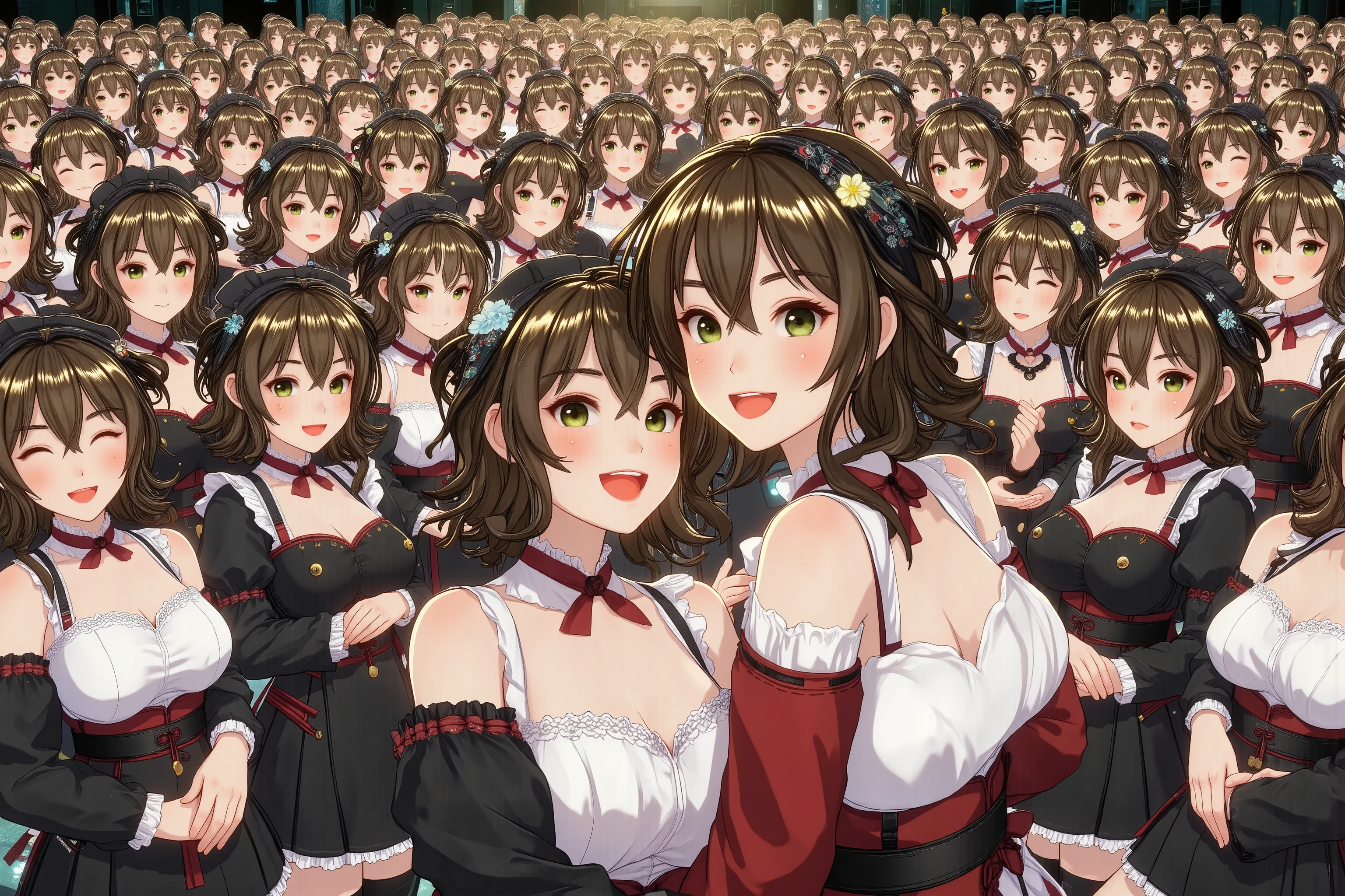 (((Myself=Japanese Beautiful Super Clones multiply girls))), (((((Myself OnlyのSuper Clones multiply girlsが大量増殖して超大群衆のMyself OnlyのSuper Clones multiply girlsと熱愛溺愛して抱擁した描写, Myself OnlyのSuper Clones multiply girlsはMyself OnlyのSuper Clones multiply girlsと淫乱中))))), (((high quality Animation Art))), (Super Best masterpiece, 16K, 最高画質, 超高解像度, 超最高の作品完成度), (((超とてもカワイイ笑顔, 嬉しい表情, 濃い焦げ茶色した髪の少女))), (((((とても美しく繊細で正確な女体の動き, とても正確で違和感ゼロの手や足の緻密な動き, 超巨乳, 胸の谷間強調))))), (((春服カジュアル衣装))), (とても詳細で正確な1点透視図法描写, 超広角視界, Super wide view, 多彩なアングル描写, ど真ん中被写体要らない),