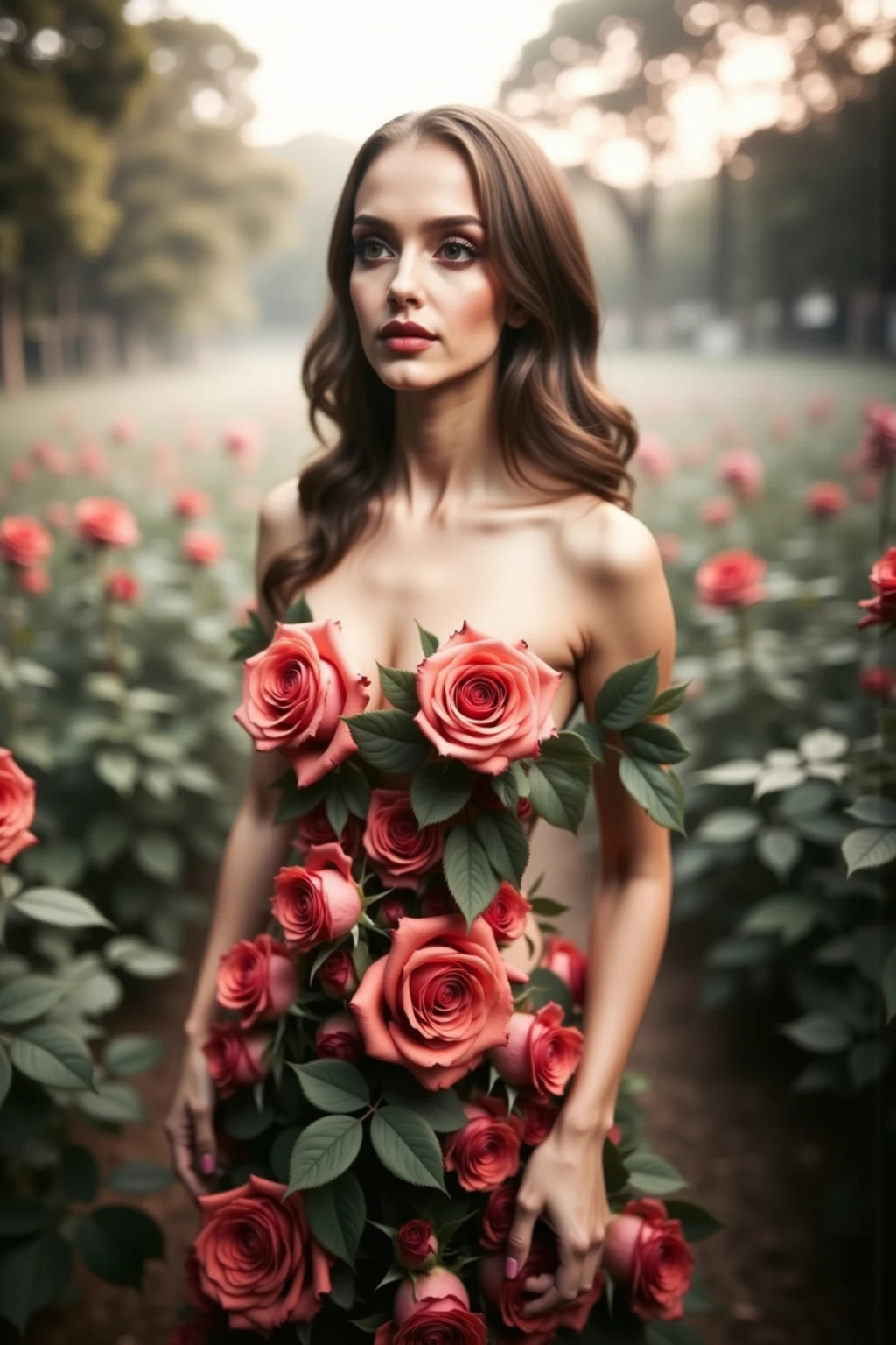 (photorealism:1.2),a beautiful woman with long hair holding a red rose Running after a man behind her