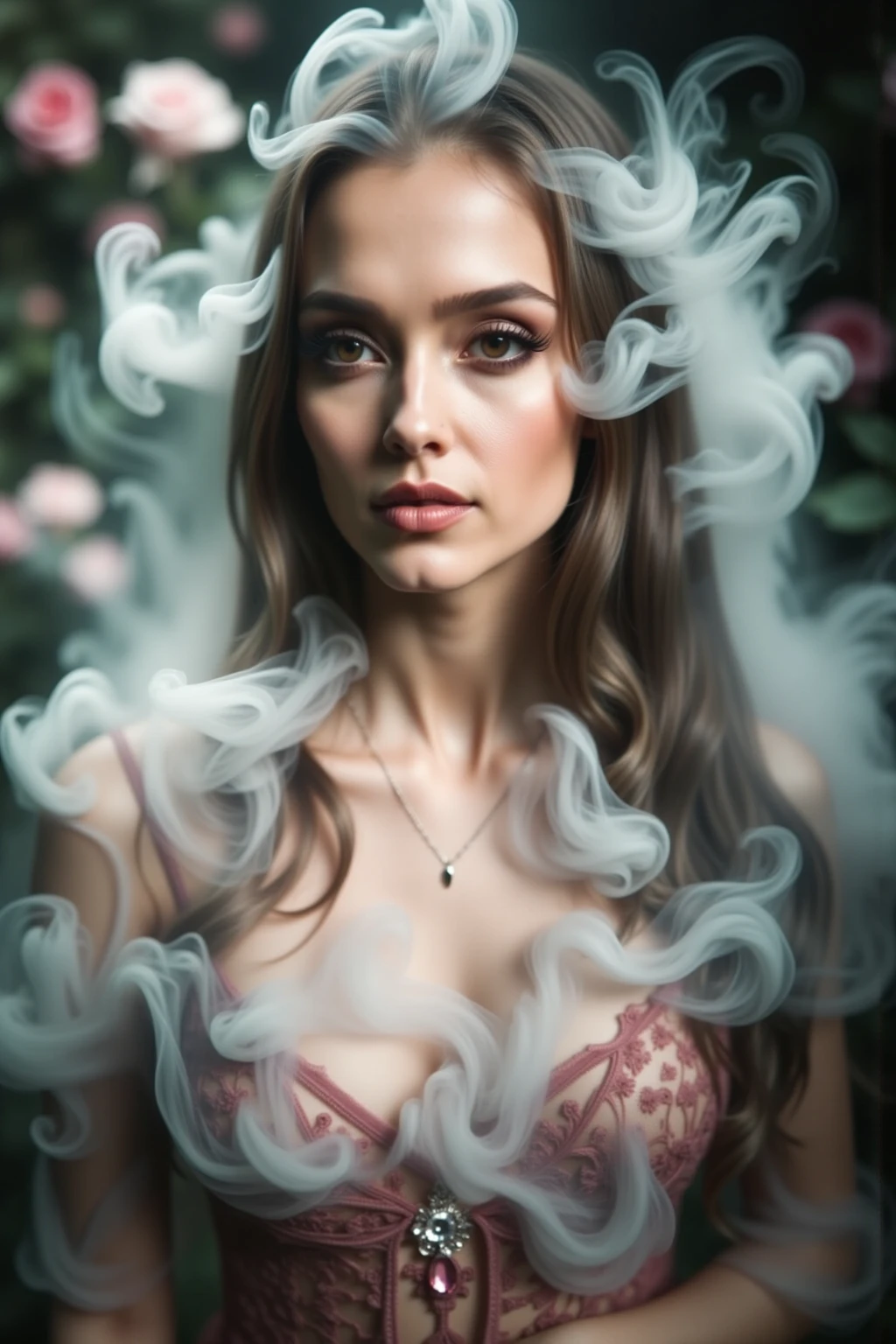 a beautiful woman with long wavy hair, wearing a short and transparent evening dress, in a smoke-filled cabaret, detailed face, beautiful blue-green eyes, detailed dress, dramatic lighting, elegant, high quality, 8k, photorealistic