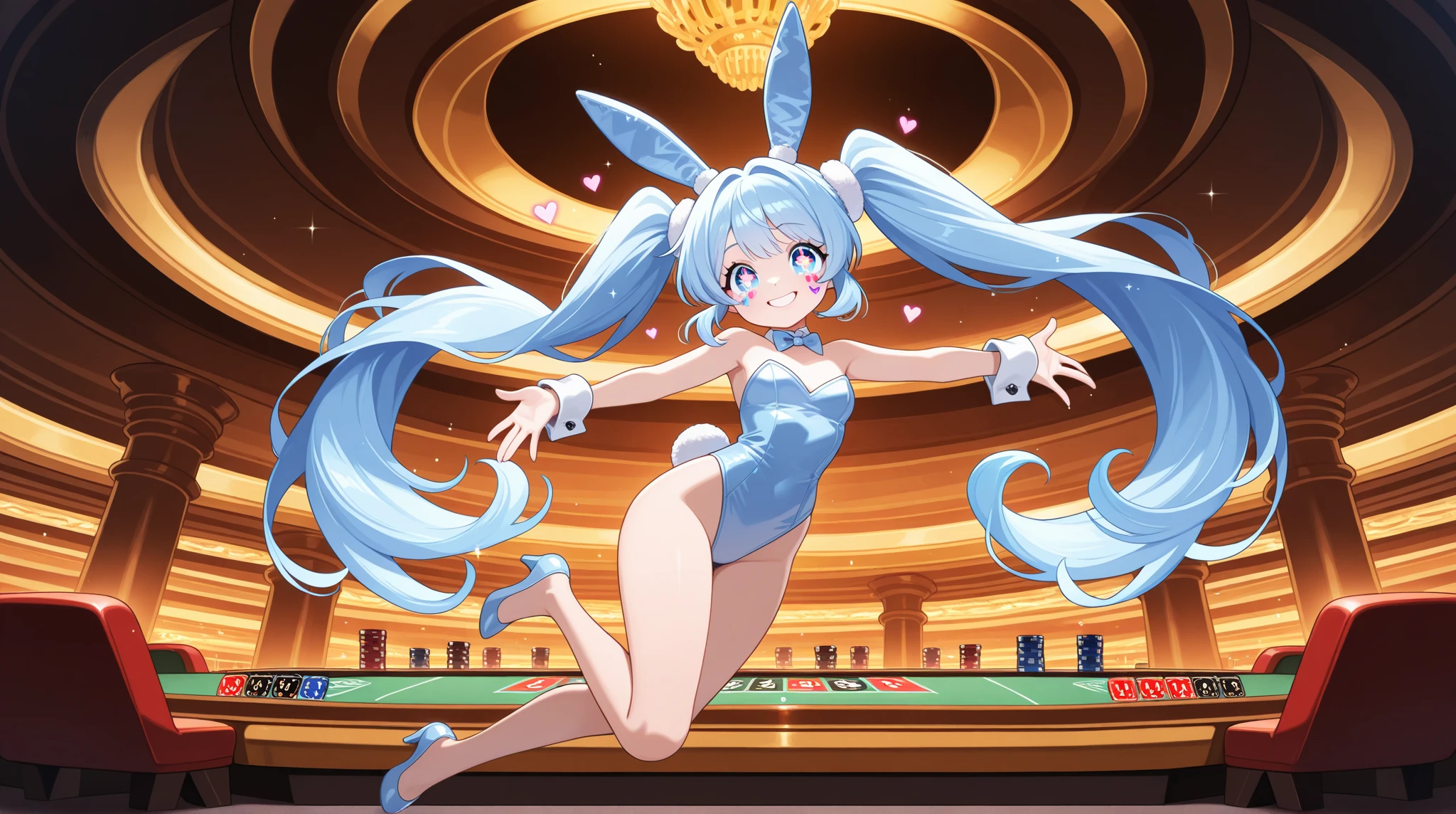 casino、Throwing the big dice on roulette、Roulette Dealer、Light blue long hair、Beautiful girl with twin tails、Bunny Girl Costume、Bright smile、
