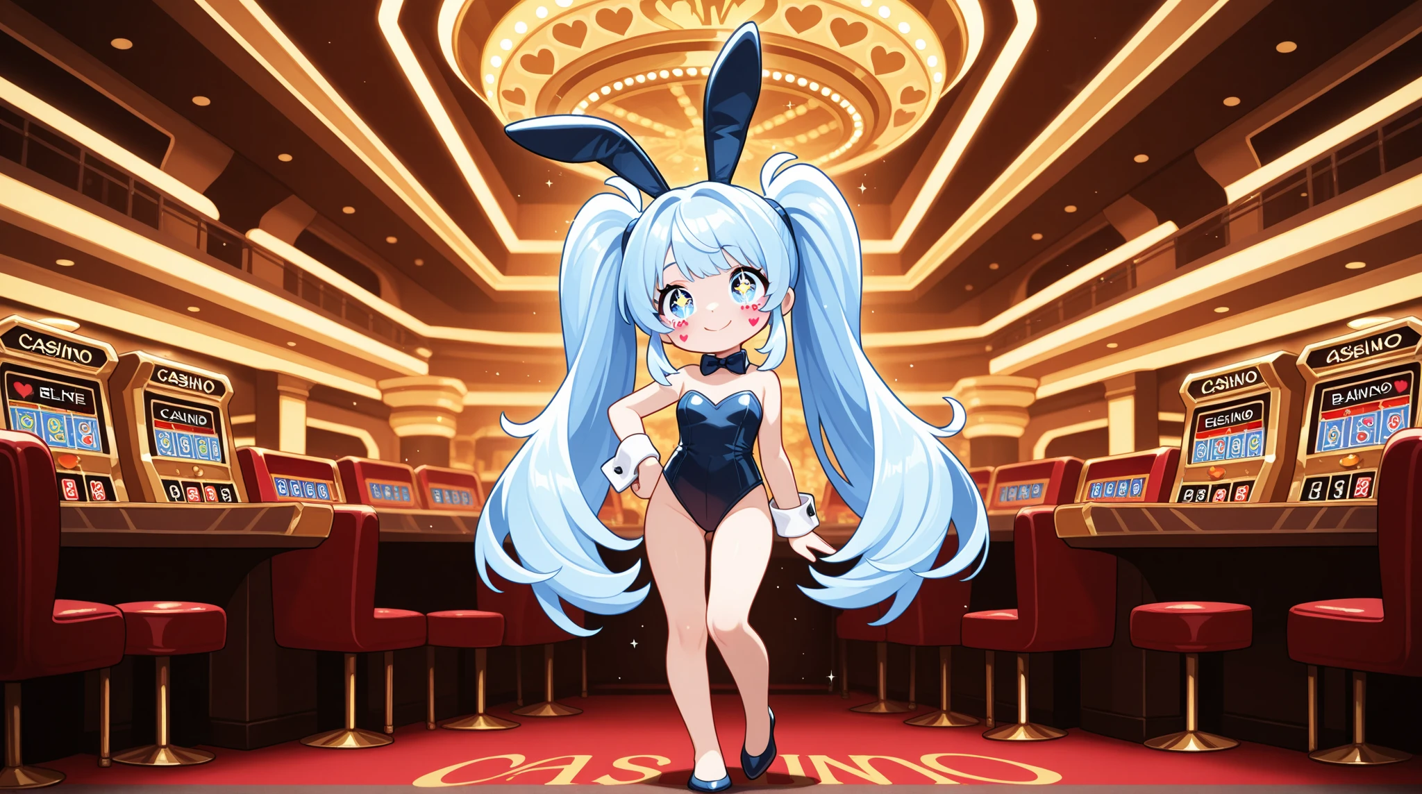 (Highest quality), (High resolution), (masterpiece), (Very detailed), Cowboy Shot, One Girl, Long Hair, Bluish white hair with light blue tips, Ahoge, Hair sticking out from the sides of the face, Small breasts, Big Ass, Slim figure, blue eyes,Small breasts,Blue Archive Art Style, One Girl, Silky skin, Glowing Skin, blush, Heart pupil, Heavy breathing,(Bunny Suit, No sleeve, Fishnet tights, Bunny ears headband), Composition from behind, (Bright saturation), Seduce, Love juice is dripping,Turn your back, Spread your legs, From below, Show your butt close up, casino, Very close to the butt