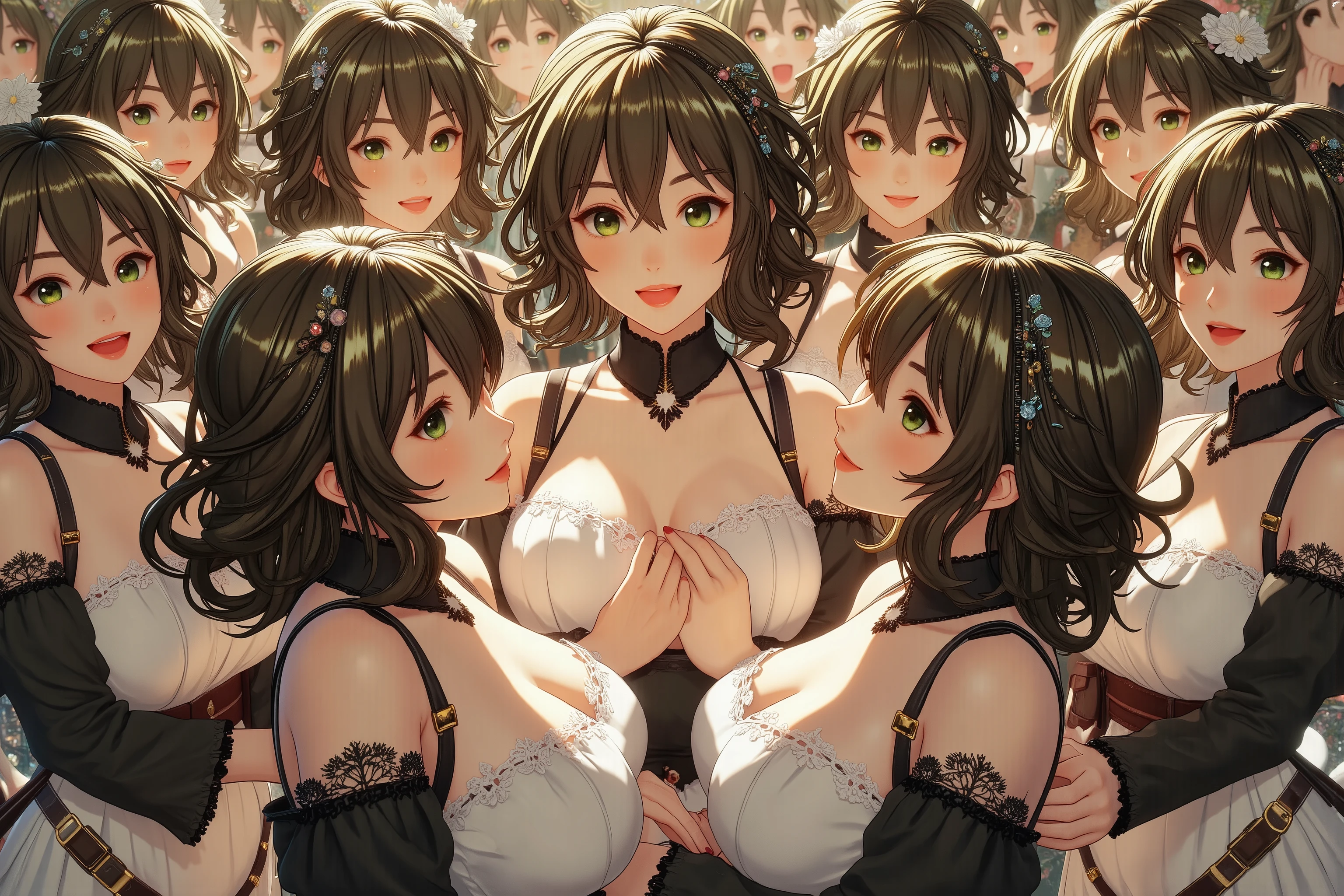 (Masterpiece:1.5), (((High qualityสุด, best quality, High quality))), ((There are complicated details., Very detailed, Crazy details)), height, 32K, Extremely detailed CG 8K unity wallpaper., (beautiful and beautiful:1.2),, (depth of field:1.3), (Flawless.:1.3), (Delicate depiction of details:1.4),
(((Abundant natural light, Delightful bright colors))), (Ambient volumetric backlight:1.5),  (Illustration of an extremely beautiful young woman:1.3),
(upper body:1.4), (perfect center:1.4), (Natural willow pose:1.5), (((dynamic gesture, movie corner))),
(2milf:1.5), ((((2 girls,beautiful girl),(((2 young women :1.4)))),
beautiful beautiful face, [(detailed face:1.2):0.2], Bright eyes, pureerosface_Version 1, ulzzang-6500-Version 1.1,  (gag:1.5), (red lips:1.4), (full lips:1.4), (smile:1.3),
Flawless attractive body, (((The feminine curves are pronounced.))), Skin glows brightly., realistic skin, hair follicles, (((Tightening belly, navel, Groin:1.3))),(((Traditional Thai dress, strapless, strapless.))),
(((Golden thread flutters.))), (Fringed tassels:1.3), (Tight long sleeves:1.4), (Single neck), (The production shines.:1.5), (Elegant and intricate clothing accessories:1.5), (Embroidery work decorated with gems:1.4), (sparkling clothes:1.4), (sparkling particles:1.3), (((The front seam is sagging., Sagging back seam))), (((earring, armband, Hair clips, hair accessories))), (Stand in a magical outdoor garden decorated with gems and colorful exotic flowers and shrubs.:1.5), (Outside the great ancient palace:1.5), big breasts, (gigantic bust:1.2),Show your breasts,The cracks are clear....,((big tits))，(pubic bone), rift, visible chest,seductive pose,I see bulging nipples.,(((large areolae:1.4,pink,The nipples are clearly visible.......))),