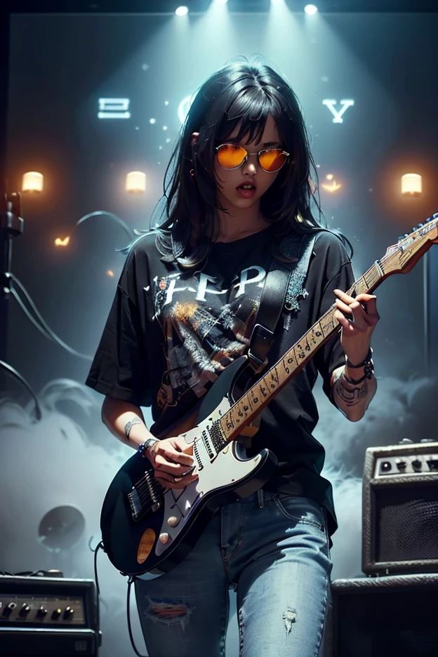 (((Guitarist and singer with big black hair , performing with his matte black guitar on stage , luzes ,light show many people watching the Guitarist and Band concert in a surprising ambient concert with Sound Box and Speakers full of effects just behind a big screen showing clips of closures Lights logo rear , detail on the guitarist's clothing referring to the great guitarists of the 70s and 80s , tight jeans OPEN blouse SHOWING A LITTLE OF THE T-SHIRT INSIDE , GUITARIST WEARING MIRRORED RAY BAN GLASSES, details on the matte black guitar with gold and red details, every detail of the guitar was worked on by a professional ,bold and defined design specific to the Guitarist)))