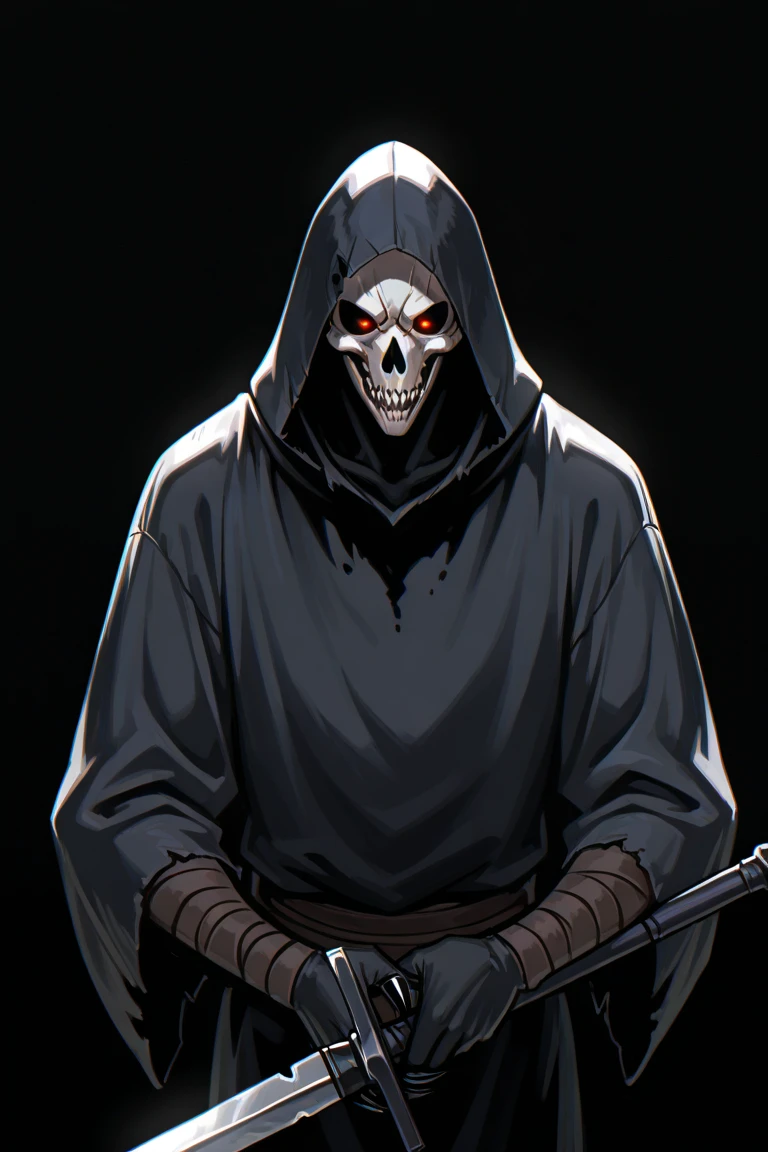 A man in a black raincoat on the background of a ruined city. A man has a skeleton instead of a body, He wears a black half face mask and hood, Of the human, he has only eyes and the skin around his eyes