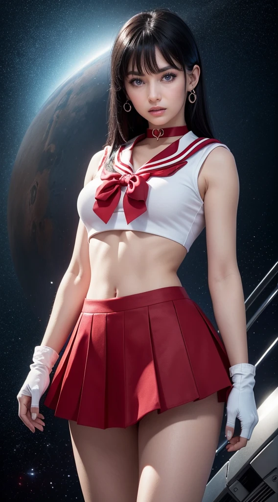 One girl,Long Hair,(Hands horizontal to the side in Christ pose)Large Breasts、Narrow waist、Wide Hips (high quality,8k,Black Hair, Realistic, 最high quality,masterpiece,Super detailed, Absurd)1.5,((SAMA1, tiara, Sailor Warrior Uniform, Her clothes are ripped and her underwear is visible.、White gloves, Red sailor collar, Red Skirt)),Night City,White gloves,Purple ribbon,Purple eyes, (Magical World,fire),High heels,slave、Chain、