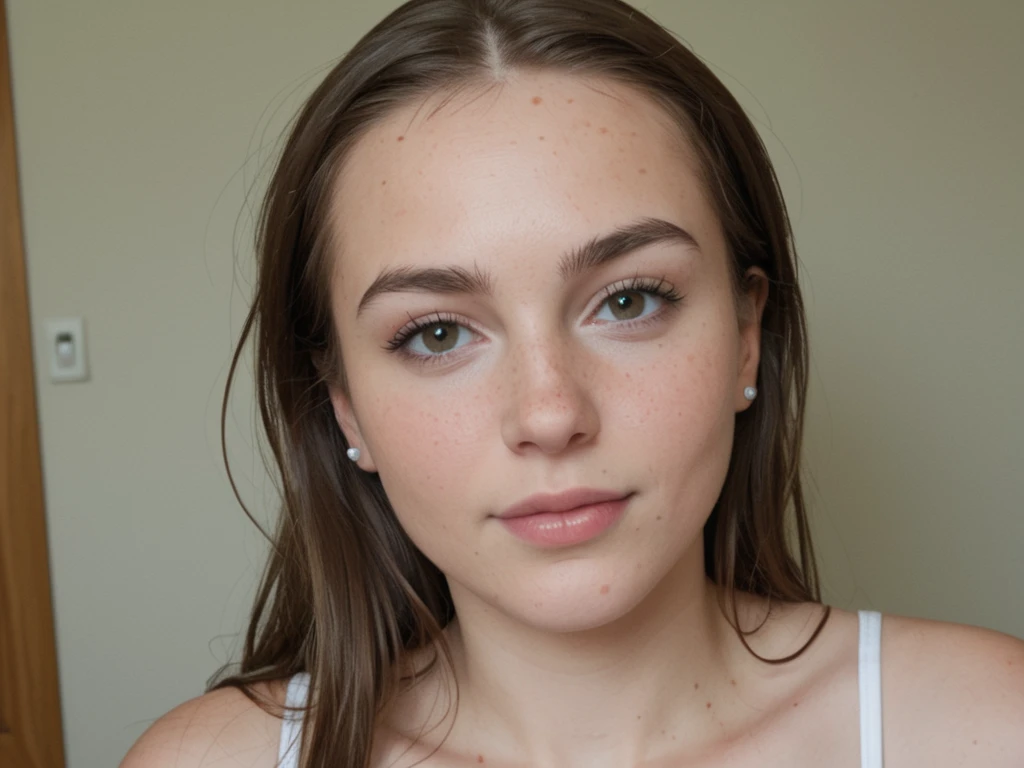 Create a picture of a twenty-year-old girl. ((Have a natural and attractive face)) (Her hair should be blonde with brown stems) (Long hair) (Her eyes are a natural light color) A charming smile on her lips and in a beautiful house with a light background. His face lit up. The girl should not look at the camera. Her image should be fully displayed (girl with light makeup) without retouching and effects. Wear summer clothes. (very high accuracy and image quality)