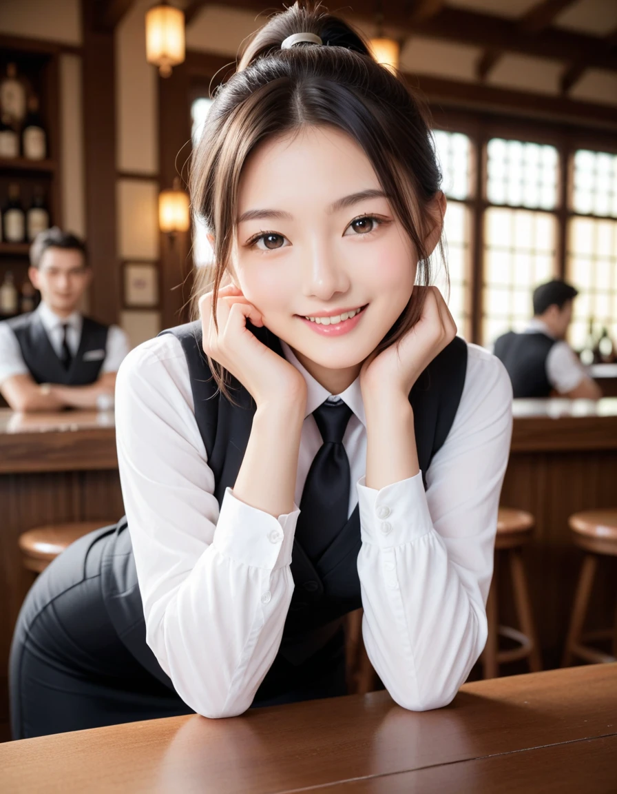 Create a close-up image of a beautiful Japanese female dental hygienist with a seductive smile。She was wearing a tight dental hygienist uniform.、プロフェッショナルさとcharmを強調しています。Her hair was neatly tied up.、She has an elegant look with her short hair style.。The background is a softly blurred dental clinic、The warm lighting highlights her features.。The makeup is perfect、特に目と唇に重点を置いて彼女のcharmを引き立てています。Confident、She has a slightly mysterious look、Elegance、charm、And it creates a professional atmosphere.。The uniform fits her body perfectly.、Show off your curves but still look polished and professional。makes her silhouette look elegant、Make sure to highlight her style。