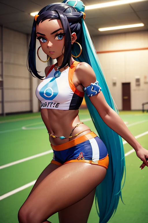 <lora:character_pokemon_nessa_v6:1> nessa \(pokemon\), beach, 1girl, solo, sitting, arms at sides, hands on own thighs, from behind, from above, from side, looking back, looking at viewer, smile, closed mouth, bikini, hair bun, hair ornament, hoop earrings, belly chain,