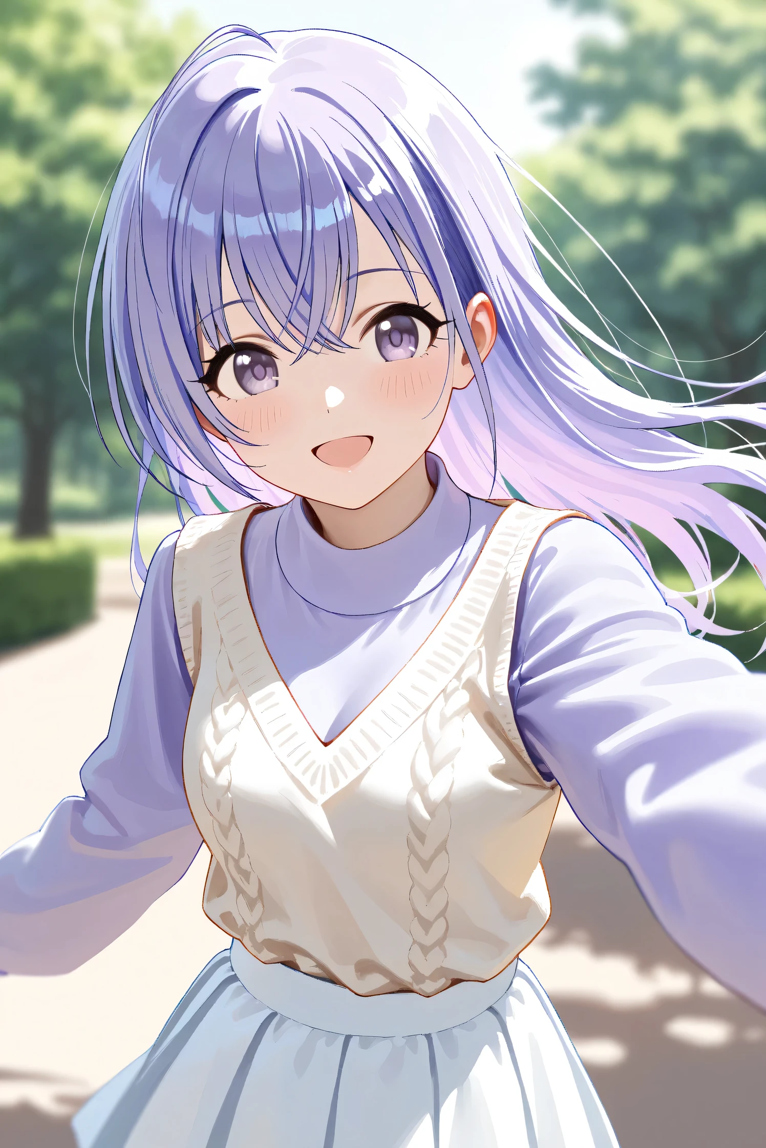 (Masterpiece), (Highest quality), (Very detailed),
(The best shape), (Best Shadow), (Absurd),
(Detailed background), (So beautiful), Shiny ,
Extraordinary, Countershading, 8k, 32K, High resolution, Beautiful eyes in every detail,
Very Detailed CG, UHD,
Score_9, Score_8_up, Score_7_up, Source_anime,
(Pastel painting:1.2), (Watercolor painting:1.2),
(Masterpiece, Detailed:1.2), (Foreshortening:1.2),
Cinematic, Dramatic, (Depth of field:1.4),
(Blurry background:1.4), (Realistic background:1.4),
(Foreshortening:1.3),Dynamic angle, 1 girl,
Outdoor, Nature, Park, Wind,
Suzuki Hana,
The idolmaster shiny colors,
hana suzuki, purple hair, purple eyes, long hair,
(Casual wear:1.3),
vest, white vest, Wool knit vest,
(High neck shirt:1.1), light purple shirt, long sleeves shirt,
pleats skirt, white skirt,
cowboy shot, Focus on face,
(Blush:1.3), smile, happy,
Realistic skin, Shiny skin,