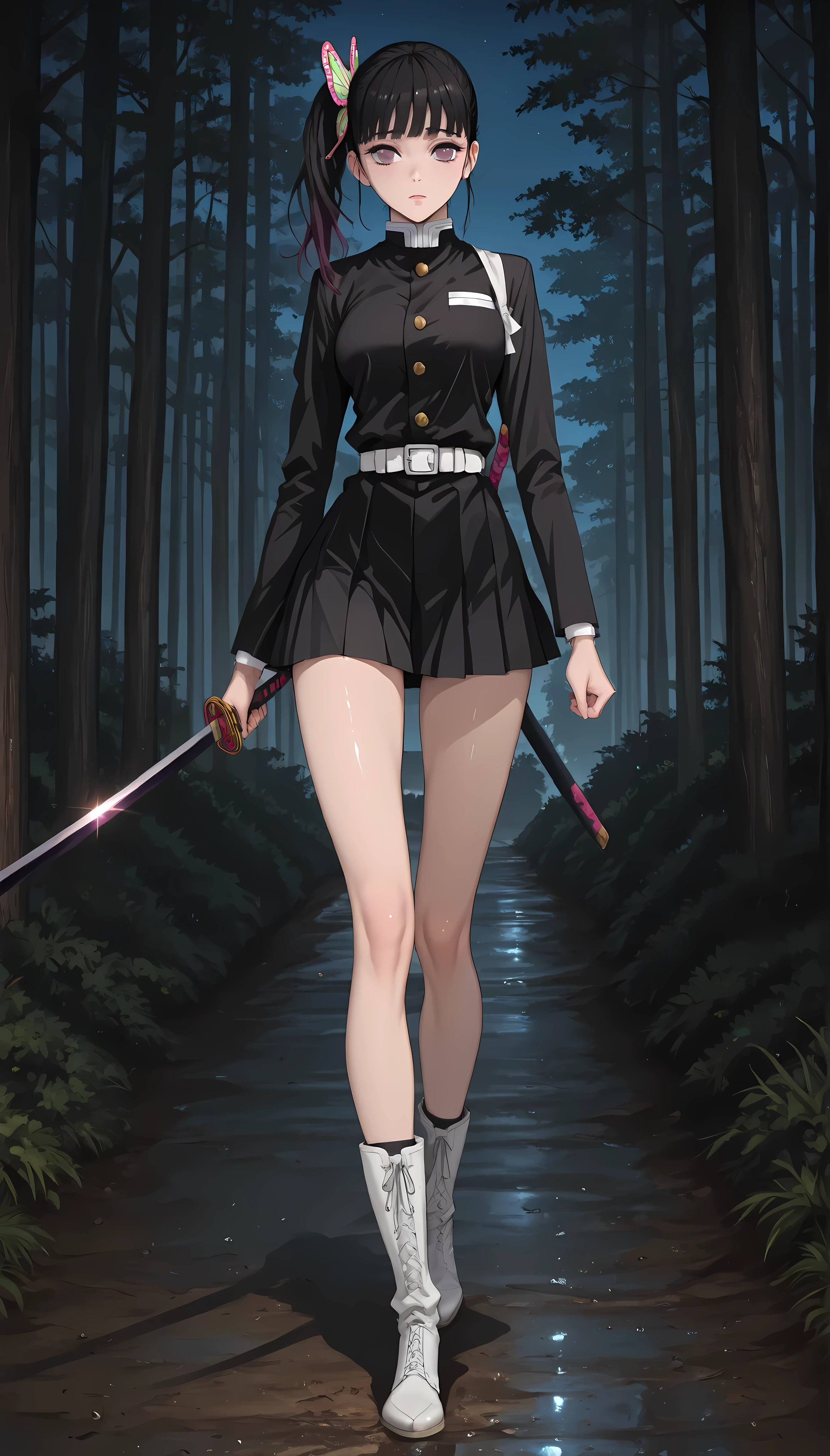 (masterpiece,best quality:1.2,amazing quality,very aesthetic,absurdres,newest),kimetsu_no_yaiba_style,tsuyuri kanao,1woman,(very small head:1.2),(ideal ratio body proportions:1.2),medium breasts,(slender body:1.3,skinny:1.2),side ponytail,(black uniform),white belt,black miniskirt,(hold Japanese sword,fighting pose),shiny skin,standing,walking,white boots,Forest,night,taishou,dynamic angle,