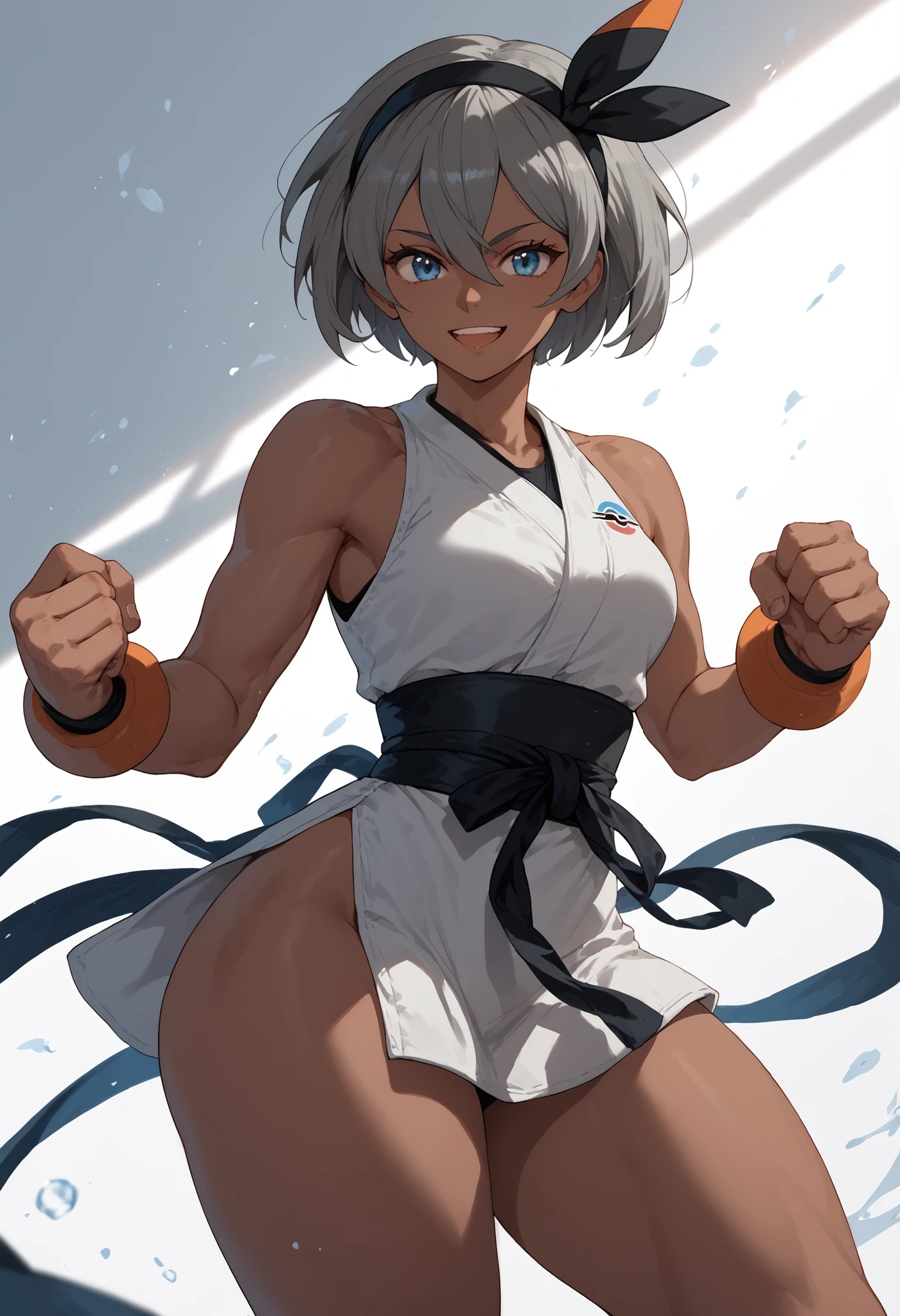 1 Girl, medium chest, Small waist, Wide hips, thick thighs,  Pokémon , Blue Eyes, black skin tone, dark-skinned woman, gray hair, hair between eyes,  short hair, ribbon, Hairband, Hairband,  black ribbon, black Hairband, bare shoulders, orange fighting costume,  sunshine,  toned body, Stilts,  happy ，Martial arts hall background