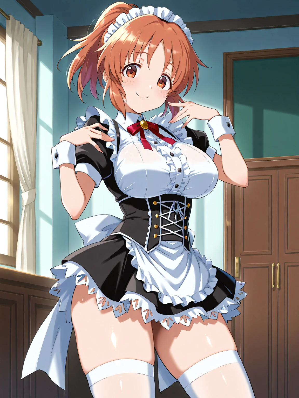 (((Shelia))), fairy tale, anime art style, One girl, alone, Dressed, View Viewer, Maid clothes, hair_ribbon, red面する, hair_between_eye, ((spike_Twin tails, spike_hair)), green_eye, ((red_hair)), Parody, style_Parody, anime_Coloring, short woman, woman, Big Breasts, Maid hat, Thick thighs, Thigh-high socks, indoor, high quality, 最high quality, masterpiece, Are standing, (Embarrassing, shy), Skin dents, window, Slim waist, cuffs, :) , Sticking out tongue, Cute Panties, Garment Lift, Buttocks folds, Camel Toe, 片eyeを閉じて, 股between,pussy,
