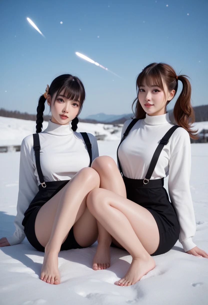 (whole body:1.5),(1 asian girl:1.3),(view viewer:1.4),(anatomically correct:1.3),(sitting in the snow:1.2),(See-through D-cup transparent miniskirt:1.4),( Thin black pantyhose:1.3),( Pointed-toe stiletto heels :1.2),(Accurate and perfect face shape:1.3),ultra high definition, Ray tracing, reflected light, Quite accurate, Award-winning, high detail, Lighten shadow contrast, face lighting ,movie lighting, masterpiece, Ultra-detailed, high quality, high detail, best quality, 16K,high contrast,foot focus,super wide angle(Focal length 135mm),Very thin clothes(See-through clothes),Extra large breasts, sexy look,Sexy outfit,,uhd,8K,realism,Images inspired by Hedi Xandt,foot center,masterpiece(precise),Highlights,Smile,slender legs,(Wearing socks on feet)(black high heels)(whole body像)