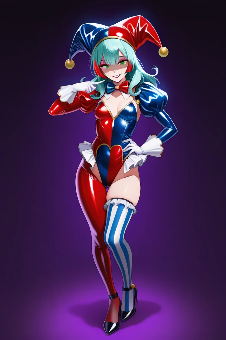1 girl,carnival jester,jester cap,large breasts,peefect anatomy,plae skin,black lingerie,nippleless lingerie,cortchless