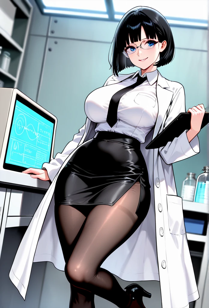 NSFW maddie fenton, pixiv artwork, masterpiece, beautiful lighting dominating, lab coat and white tight buttoned dress shirt showing off her curves with black pencil skirt and brown stockings, curvy milf physique and a mature milf body, intimate encounter, pov, orange hair in a bob, standing tall towering above the viewer, looking down on you, dominant pose, very sexy and seductive position, view from the front, no panties, no bra, erect nipples, forcing herself on you, horror movie lighting, dramatic light with intense shadows, dimly lit, stepping on you sexually, full body shot, feet in viewer's face, footjob, rubbing slippery dick with foot