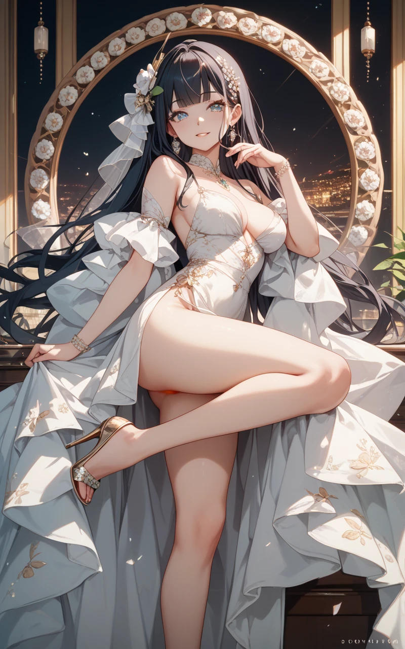 ((Top Best quality, 8k, Masterpiece :1.3)), Sharp focus :1.4, A pretty girl 18 years old with perfect figure :1.3,  Slender abs :1.3, korean , ((K-Pop idols)), 、((full body)), high resolution, Works of masters, A high resolution,  Super beautiful face, super beautiful eye, ((detailed face)), ((detailed eyes)), ((detailed transparent underwear)), Super beautiful wavy hair，((detailed sexy transparent mini underwear))，((detailed transparent panty)), ((detailed pantyhose)), (()), ((detailed bra)), revealing cleavage, sexy pose, sexy smile, ((sea resort five star, city night))