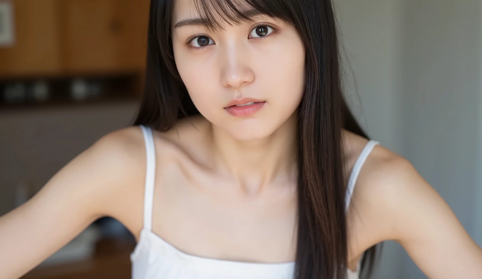 1 girl, 20 years old, young girl, Japanese girl, dark brown long hair, (I'm wearing a white tank top with thin straps, plated mini skirt), Open button, button, Closeup selfie , Natural Breasts, skinny, Chest, nsfw, Lean on me