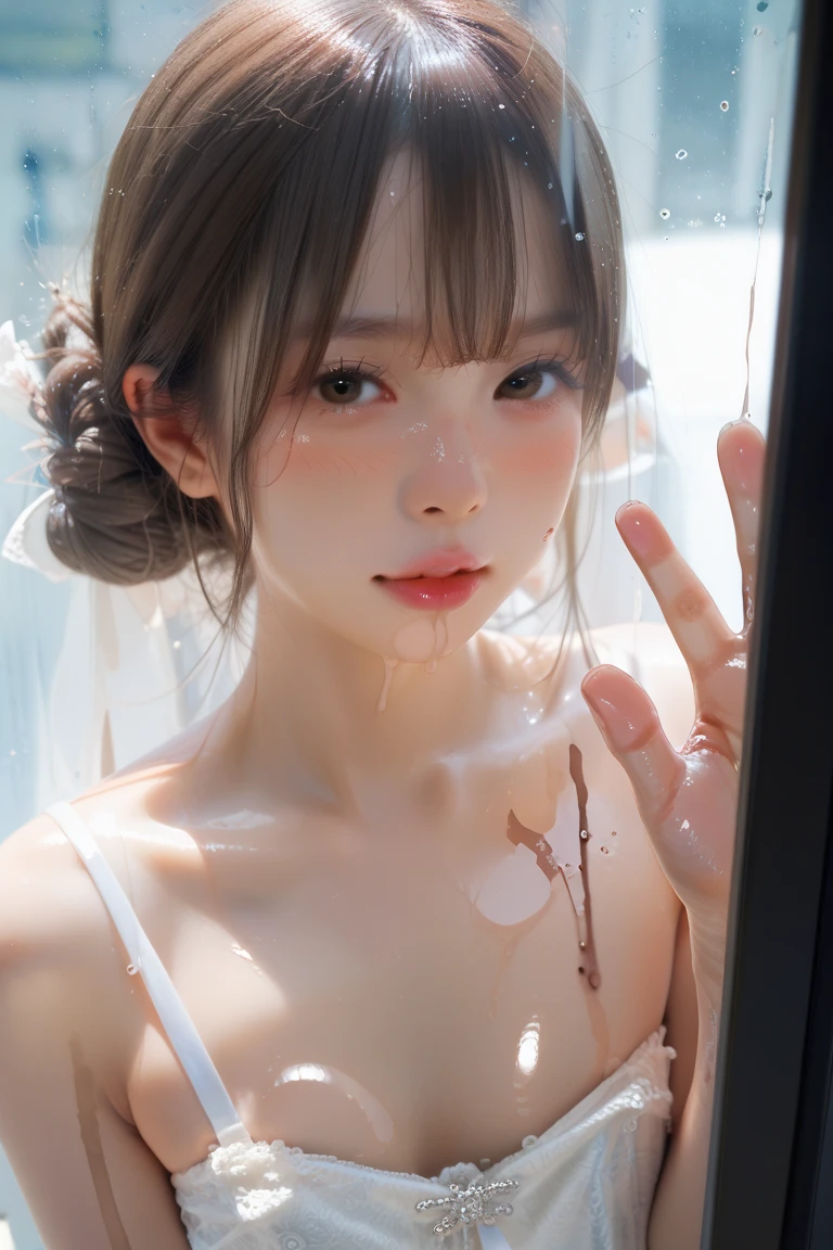 masterpiece、ultra detail、tear bag、Red eyes、earrings、(((show nipples、Pull up the tops)))、(((cum on face)))、Put your hands on your chest、small breasts、suit、smile、focus on face、Angle from above、selfie、squat