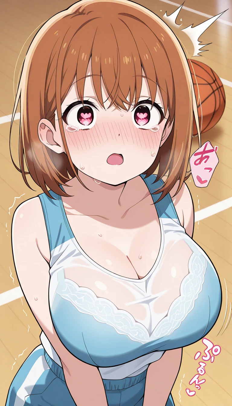 (best quality), (Super detailed), (Best Illustration), (1girl), look at viewer, (pink cheerleader uniform), (large breasts:1.2), light smile, blush, sweat, brown hair, (bob cut), curly hair, hairs between eyes, blue eyes, (schoolyardl),