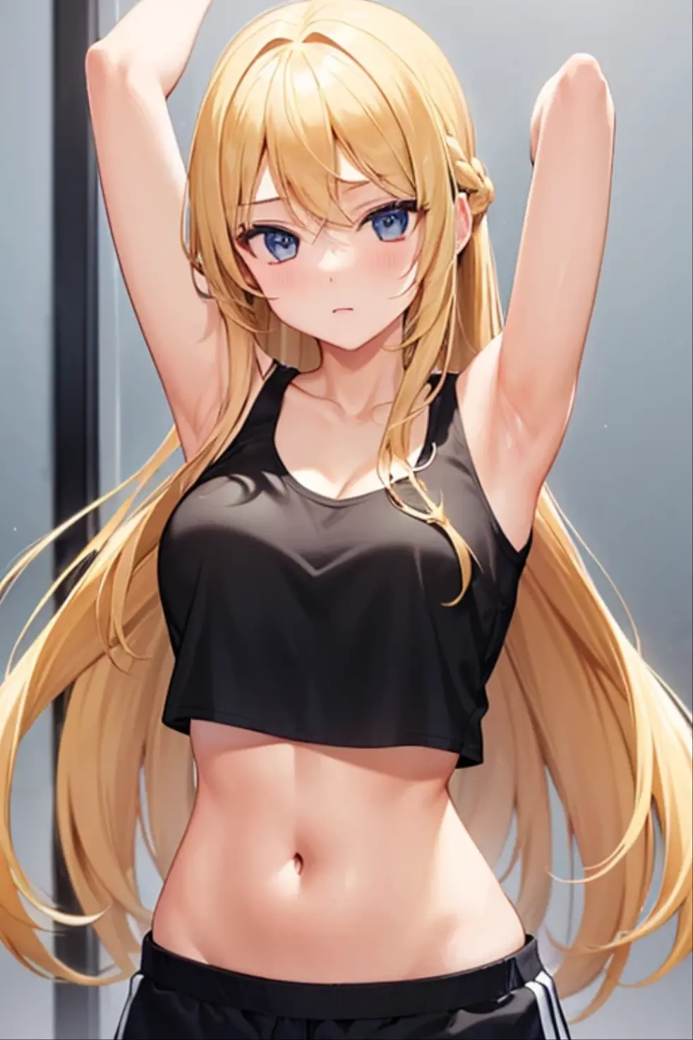 (masterpiece), (Highest quality), (Super detailed), ((Very delicate and beautiful)), One girl, 独奏, Satsuki, Blonde, Cowboy Shot, Black Sailor Suit, White neckerchief, Crescent Pin, (very long hair), smile, Flat Chest, belt, Black Skirt, chestnut mouth, Sitting, on bed, spoken question mark, indoors, Detailed iris, young, (panties), (Sports Bra), (In underwear), (Flashy underwear), (lingerie), (Skirt Lift) ,((nsfw))