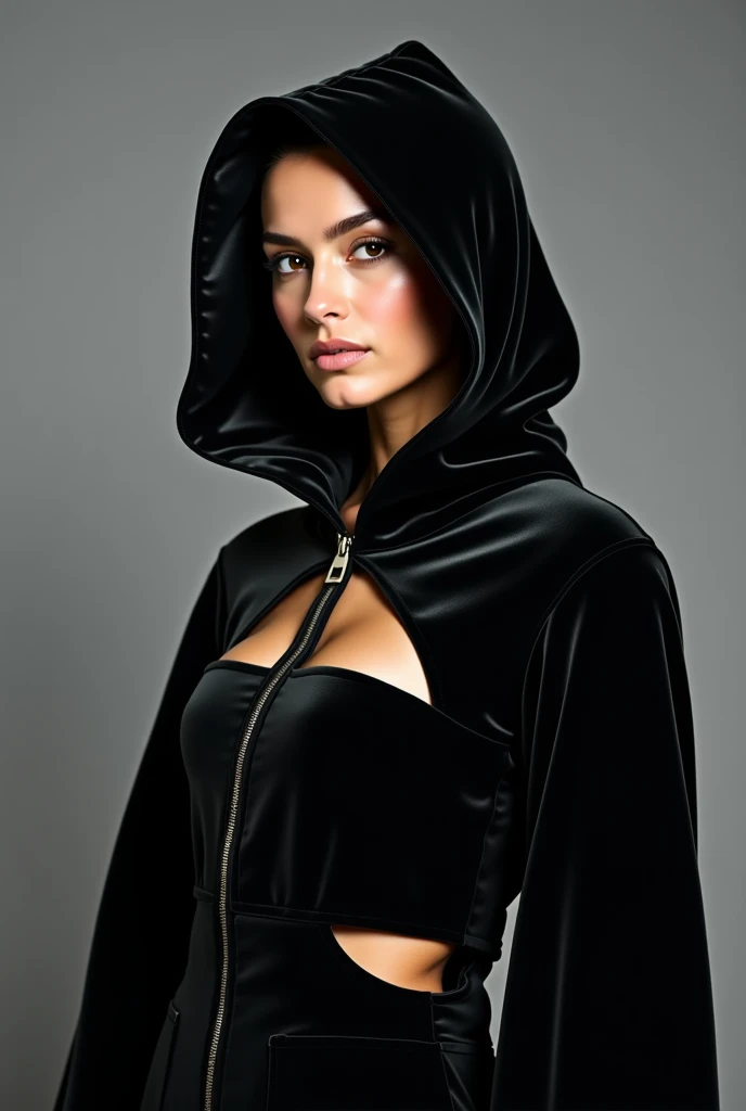 Hood and Veil Covering the Face: The centerpiece is a hood that completely envelops the face, revelando apenas os olhos. A subtle veil, adorned with spider web-inspired patterns, cobre a parte inferior do rosto, creating an air of mystery.

Long and Wide Jumpsuit: A long, roomy jumpsuit, made from a soft, fluid fabric in a dark tone, cobre todo o corpo, providing a slim and enigmatic silhouette. The design is minimalist, com poucos detalhes para manter a sobriedade.

Mangas Longas e Largas: Long, wide sleeves fall elegantly from the shoulders to the wrists, adding a dramatic touch to the outfit. Detalhes em teia de aranha, discretos e escurecidos, are incorporated into the sleeves.

Palazzo Pants with Web Details: Wide palazzo pants, que cobrem as pernas completamente, add an element of austere sophistication. Details in spider web patterns are present on the sides, trazendo uma subtil complexidade ao visual.

Botas Longas com Detalhes Minimalistas: Botas longas, combinando com o tom da roupa, adicionam uma continuidade ao conjunto. Detalhes minimalistas e sutis, such as dark zips or small references to the spider&#39;s anatomy, are incorporated.

Luvas Longas com Dedos Cobertos: Luvas longas, cobrindo completamente os dedos, complementam o visual, maintaining the austere and less sensual aesthetic. Spider web details are discreetly embroidered on the back of the hands.

Cinto Largo e Simples: Um cinto largo, simples e escuro, highlights the waist without attracting too much attention. It provides a touch of austerity to clothes.

Dramatic and Elegant Makeup: Makeup highlights the eyes in an intense and dramatic way, com sombras escuras e delineador, enhancing the mysterious atmosphere.