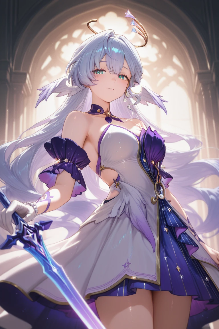 (high quality,High resolution,Textured skin,high quality,Caution about scars,Precise CG unification,gameCG),(One adult woman),white costume,Fighting,Are standing,Dark Night,Ruined Church,violet hair,holy,