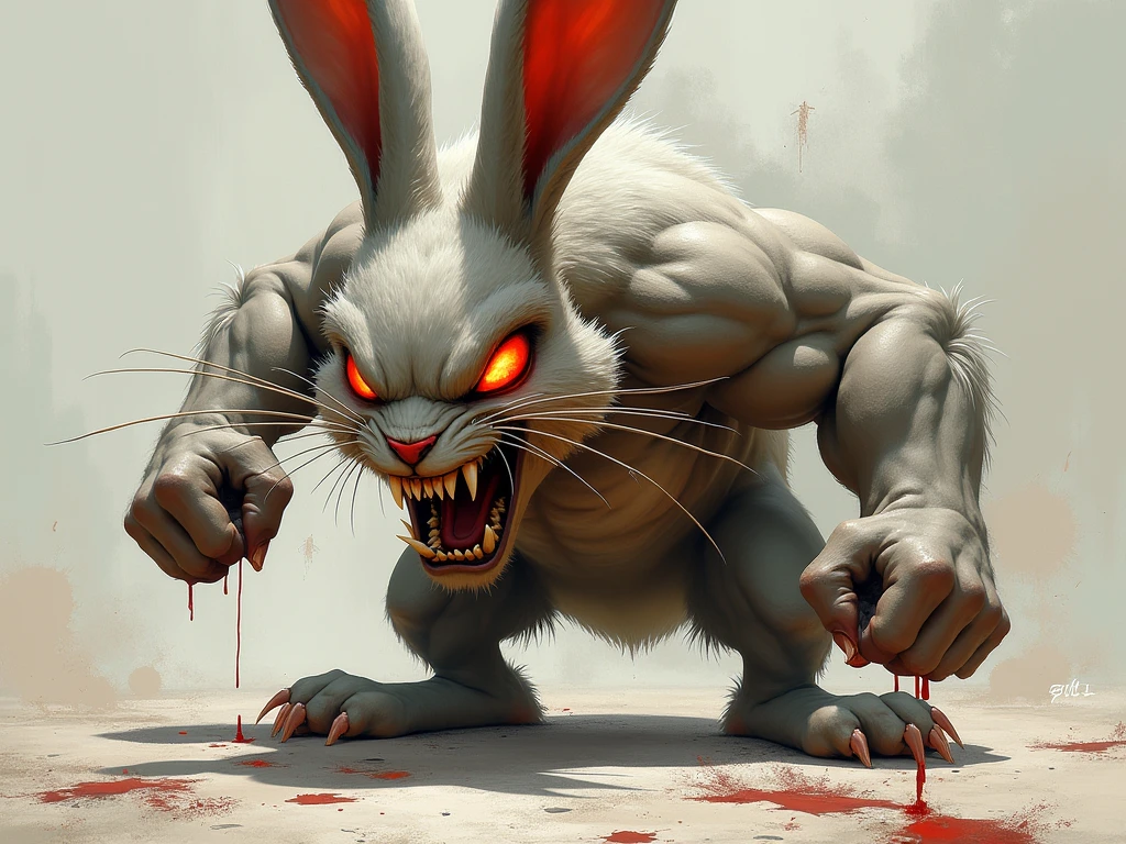 create image anthropomorphic woman rabbit with red eyes sinister horror evil legends Add glowing red eyes to increase the scare factor with bleeding boxing gloves, anime styling