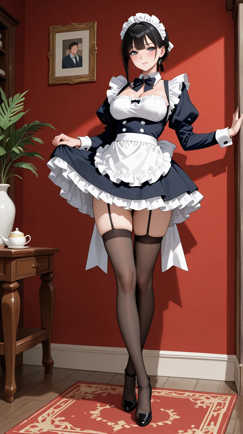 in style of Frank Miller,in style of lvan Aivazovsky,cowboy bebop sytle,
1girl,thigh straps,(show one thigh:1.8),(maid floor-length skirt:1.4),sitting on the ground,(white_background:1.4),posing,(bow the body:1.5),shiny skin,fullbody,(nylon straps at the base of the legs:1.6),stockings,adjusting legwear,