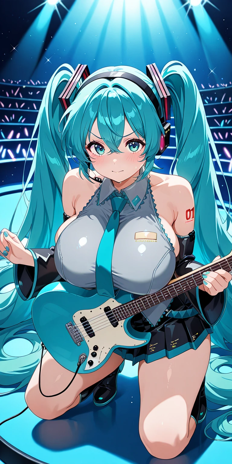A masterpiece of a young woman, showcasing her unique style and musical talents. Outside on a beach stage, she stands confidently with one leg slightly raised, her electric guitar slung over her shoulder. Her striking features include piercing blue eyes, a twintail adorned with teal hair extensions, two piece black bikini that accentuates her toned physique, while headphones wrap around her neck, a symbol of her passion for music. As she plays the guitar, her long hair cascades down her back, a mesmerizing sight as she sings with conviction, smiling, upper body,