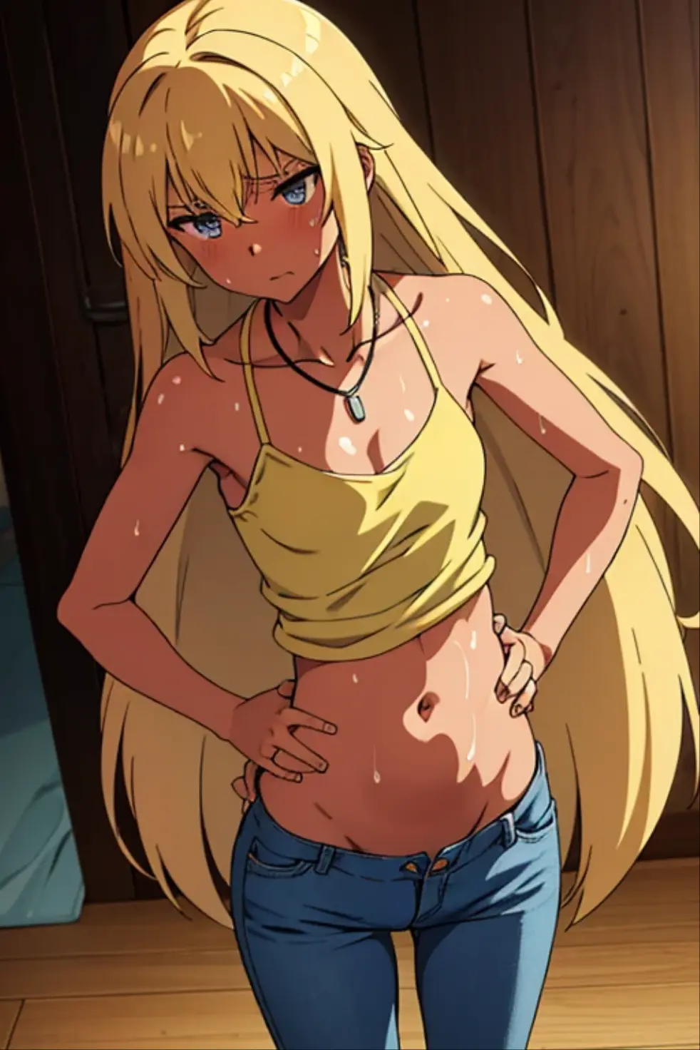 tan skinned anime woman wearing a cami top and jeans, famished in hunger, (necklace), (gently resting hands on stomach), (sweating), (long hair), (hands on stomach)