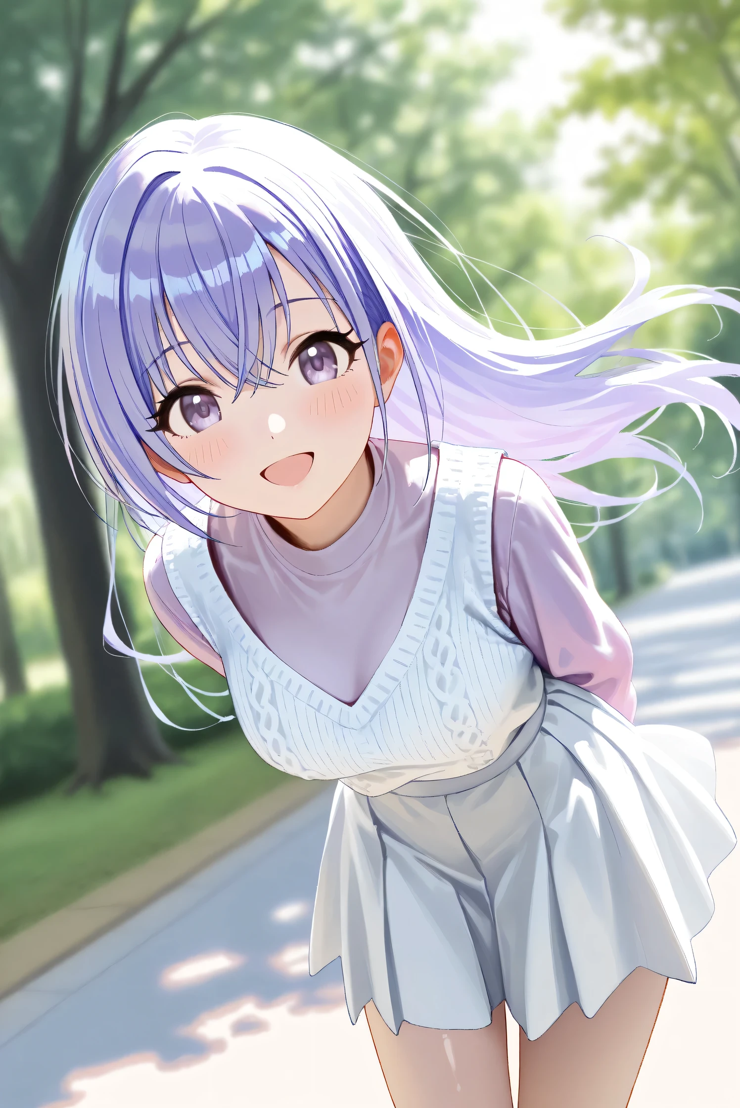 (Masterpiece), (Highest quality), (Very detailed),
(The best shape), (Best Shadow), (Absurd),
(Detailed background), (So beautiful), Shiny ,
Extraordinary, Countershading, 8k, 32K, High resolution, Beautiful eyes in every detail,
Very Detailed CG, UHD,
Score_9, Score_8_up, Score_7_up, Source_anime,
(Pastel painting:1.2), (Watercolor painting:1.2),
(Masterpiece, Detailed:1.2), (Foreshortening:1.2),
Cinematic, Dramatic, (Depth of field:1.4),
(Blurry background:1.4), (Realistic background:1.4),
(Foreshortening:1.3),Dynamic angle, 1 girl,
Outdoor, Nature, Park, Wind,
Suzuki Hana,
The idolmaster shiny colors,
hana suzuki, purple hair, purple eyes, long hair,
(Casual wear:1.3),
vest, white vest, Wool knit vest,
(High neck shirt:1.1), light purple shirt, long sleeves shirt,
pleats skirt, white skirt,
cowboy shot, Focus on face,
(Blush:1.3), smile, happy,
arms behind back, leaning forward,
Realistic skin, Shiny skin,