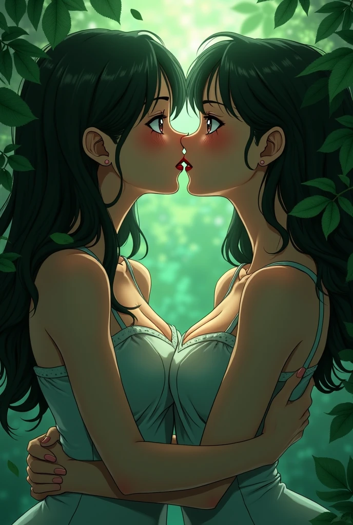 In a mystical forest outdoor shower, Tinkerbell and Snow white are showering. Both are fully wet, soapy and fully naked. Large nipple areolas, long erect nipples, discrete pubic hair. They kiss passionately as they grab each other's breasts.