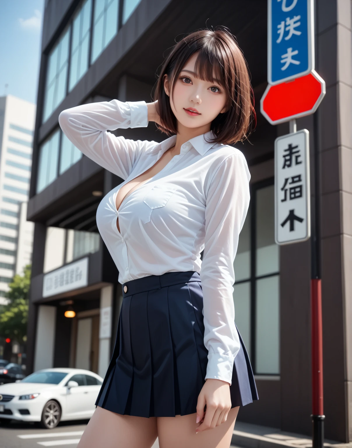 Highly detailed CG Unity 8k wallpaper、highest quality、Ultra-detailed、masterpiece、Realistic、Photo realistic、Highly detailed cute girl、15 years old、Girls' High 、Summer clothes、Navy Blue Blazer、White blouse、White collared shirt blouse、((Cleavage))、Pleated skirt、hortcuts、Black Hair、Bobcut、((Roll up the skirt yourself)))、(Lift it yourself)、Not wearing panties、No underwear、Pantyless、blush、Lips parted、Looking at the audience、Semi Body Shot、(A large number of people)、(On the streets of Tokyo)、(((Show your pubic area excitedly )))、Shaved、No pubic hair、