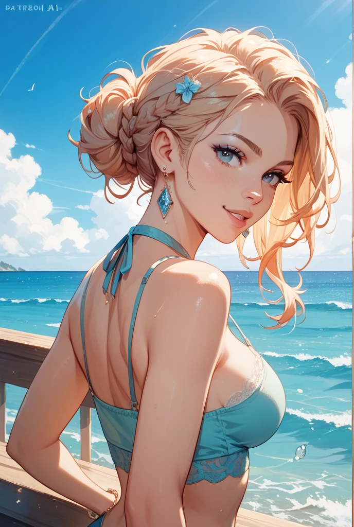 a beautiful woman in a white bikini standing on a beach, looking directly at the viewer, with long blonde hair blowing in the wind, blue eyes, and a slight blush on her cheeks, surrounded by palm trees, a cloudy blue sky, and waves crashing against the shore, masterpiece, photorealistic, ultra-detailed, hyper-realistic, 8k, cinematic lighting, vibrant colors, dramatic composition, (Perfect details:1.1), (Beautiful and clear background:1.2), (Extremely detailed CG, Ultra detailed, best shadow:1.1), (Finely detailed beautiful eyes)